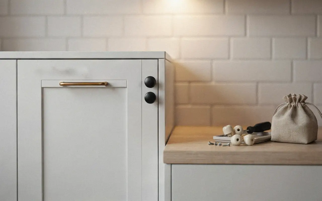 White rental cabinet with brass pull, black knobs, and original hardware saved on the counter