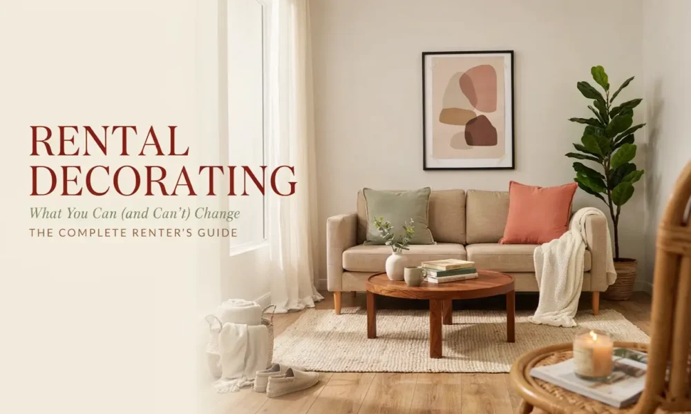 Modern rental apartment living room with neutral decor, sofa, coffee table, indoor plant, and renter decorating guide text.