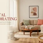 Modern rental apartment living room with neutral decor, sofa, coffee table, indoor plant, and renter decorating guide text.