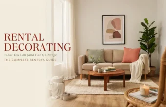 Modern rental apartment living room with neutral decor, sofa, coffee table, indoor plant, and renter decorating guide text.