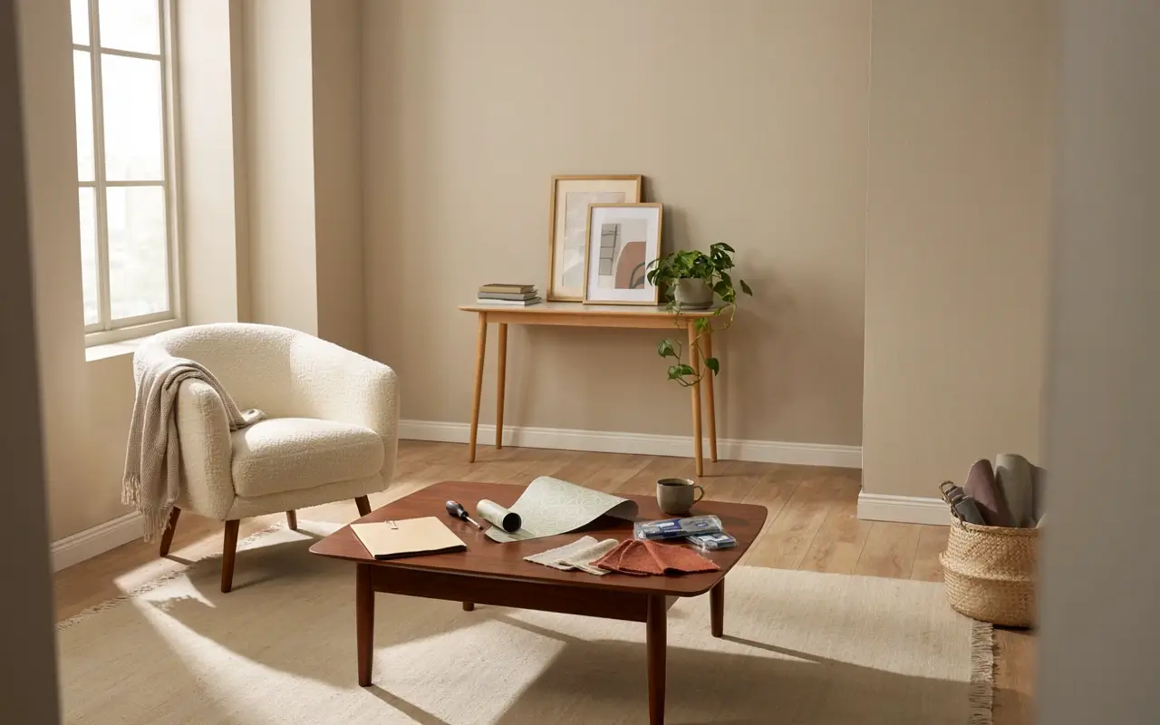 Rental living room with removable decorating supplies, peel-and-stick wallpaper, chair, console table and beige walls.
