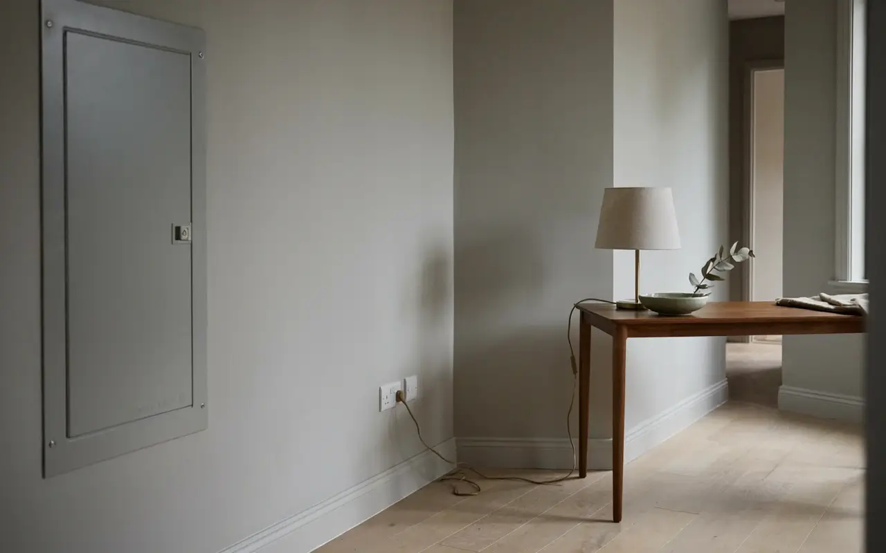 Electrical panel and outlet wiring in a rental hallway with a lamp on a wooden table.