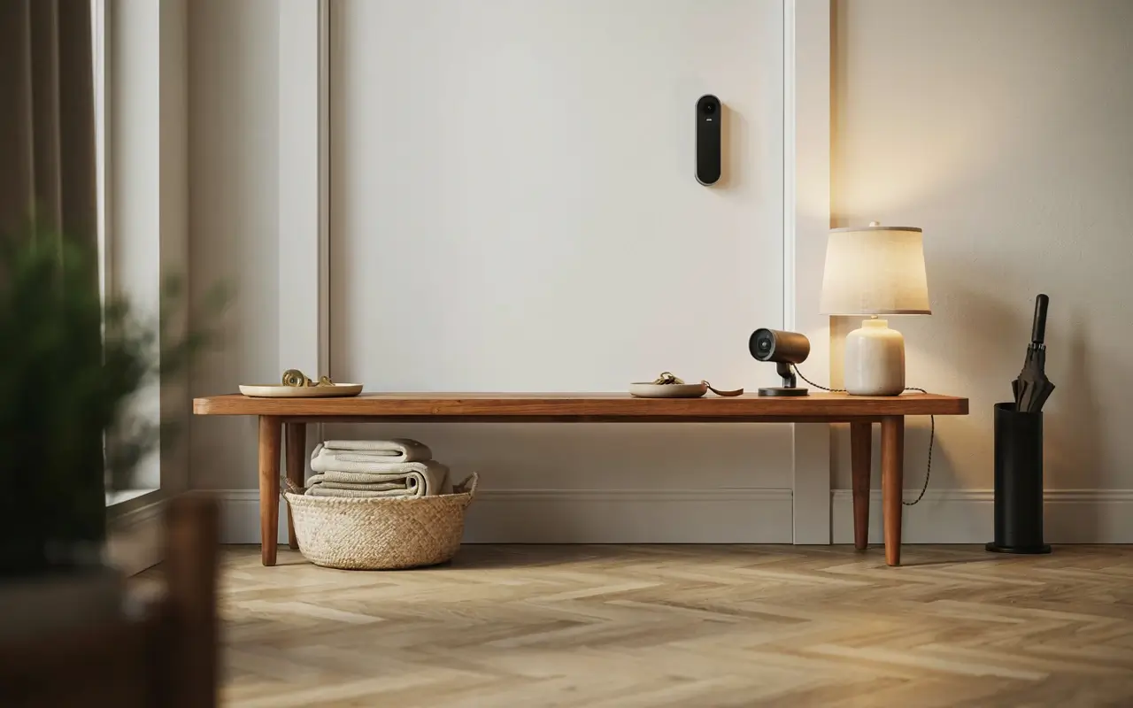 Entryway bench with smart security camera, wall-mounted device, lamp, umbrella stand, and woven basket.