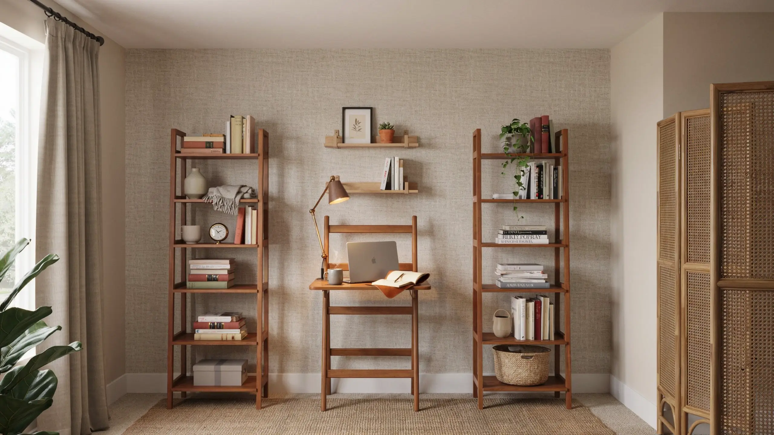 A symmetrical, rental-friendly home office setup featuring matching wooden ladder-style bookshelves flanking a compact wooden desk, topped with a silver laptop and brass desk lamp, accentuated by trailing plants, floating shelves, and a beige textured wallpaper background. 