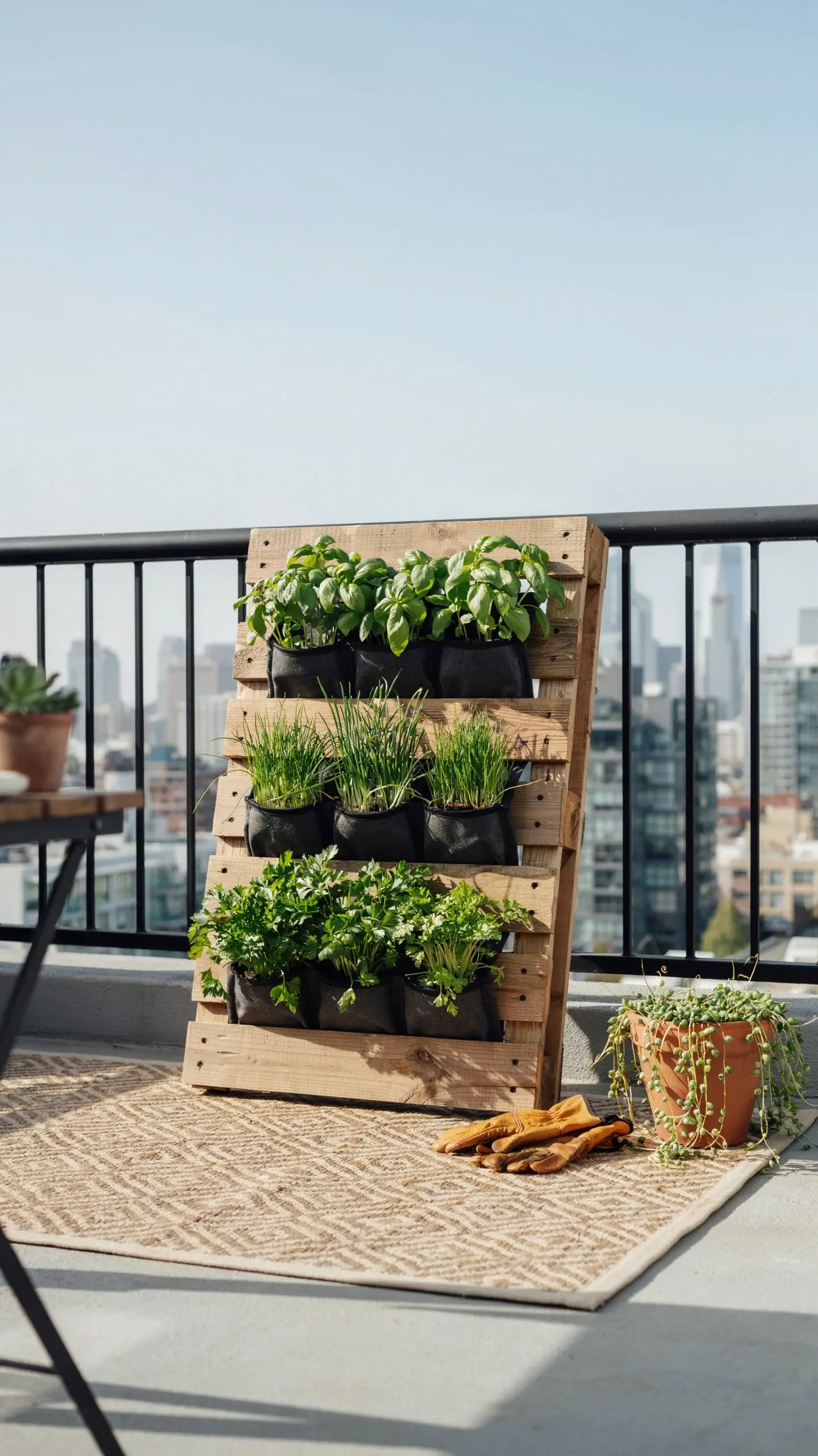 Vertical wooden pallet planter filled with basil, chives, and parsley in black fabric grow bags, leaning against the metal railing of a sunny urban apartment balcony with a city skyline. 