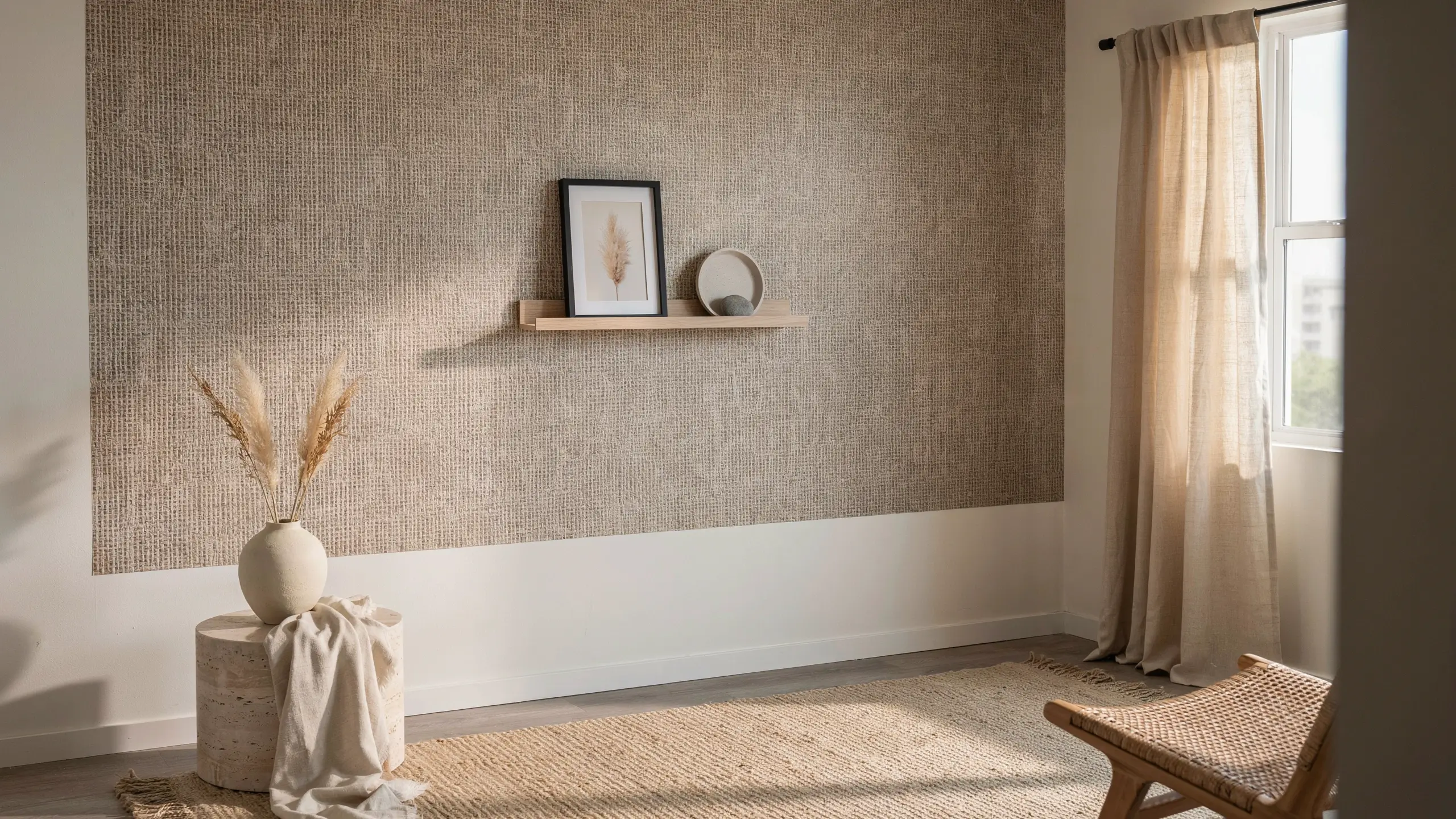 A bright, minimalist rental living room featuring a temporary textured beige grasscloth wall covering, a floating light-wood shelf with framed botanical art and a small decorative dish, alongside a white ceramic vase holding dried pampas grass and a natural woven rug for a cozy, scandi-bohemian aesthetic.
