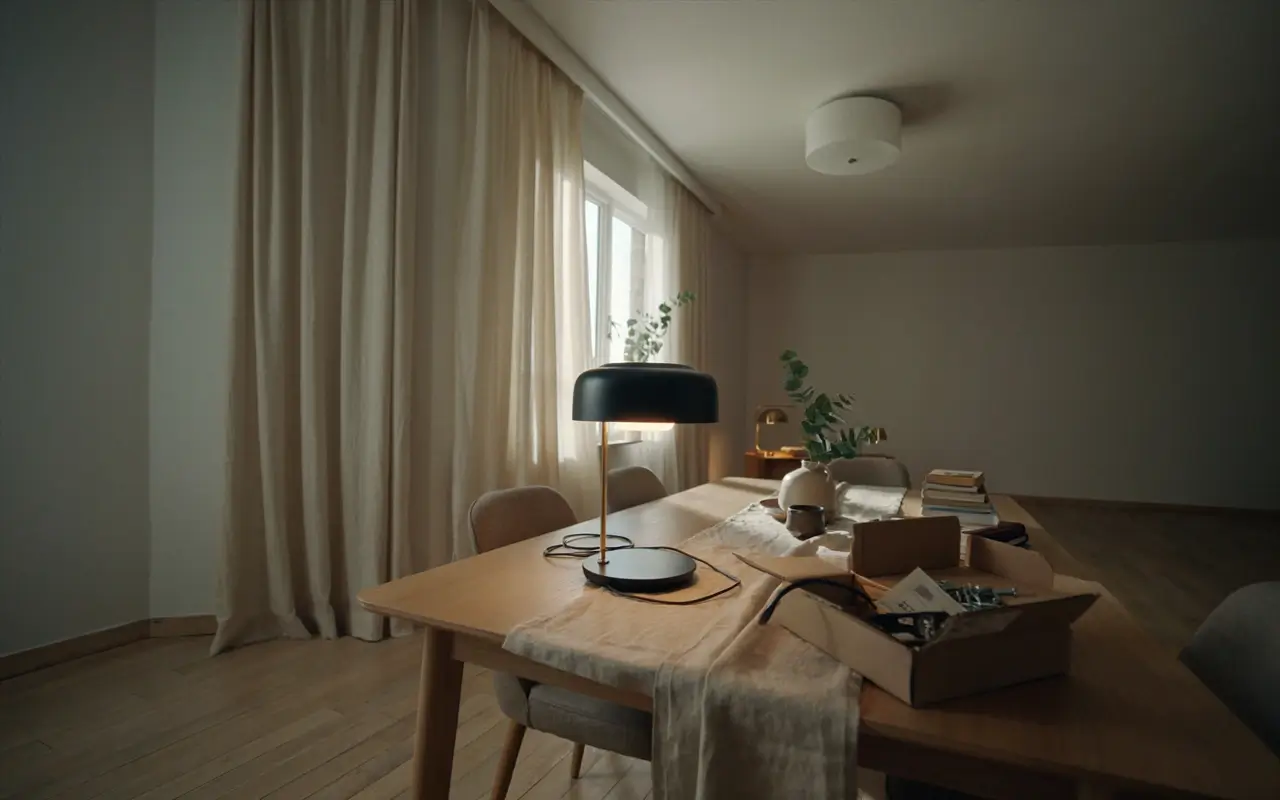Rental dining room with neutral curtains and updated light fixture over a wooden table.