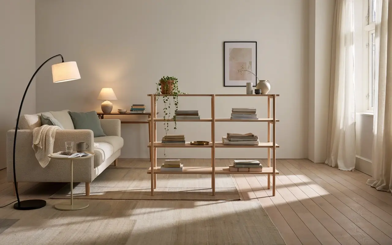Rental living room with open shelving divider, showing why structural walls and floor plans should not be changed.