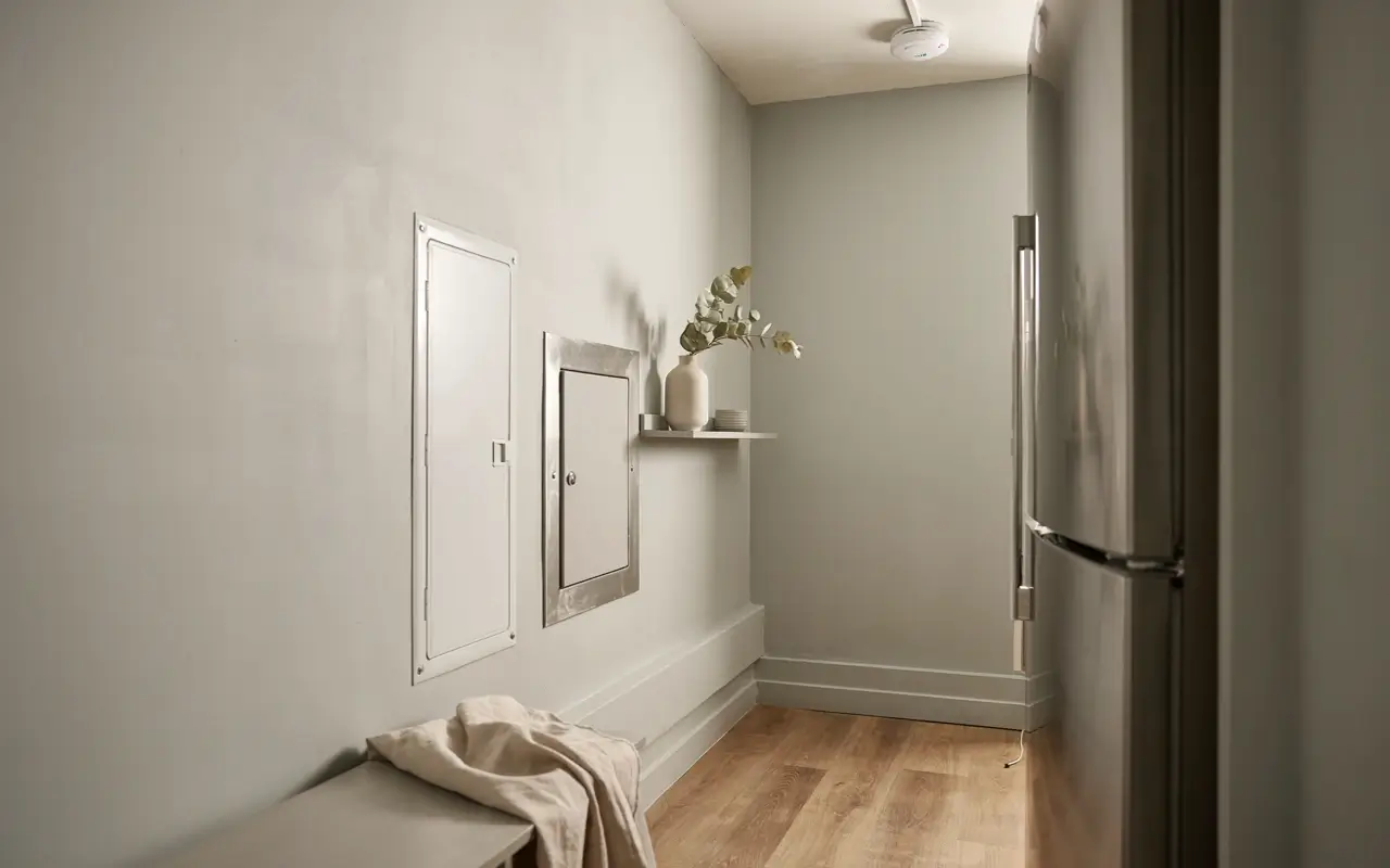 Rental apartment wall with utility panels, showing features tenants should never alter without permission.