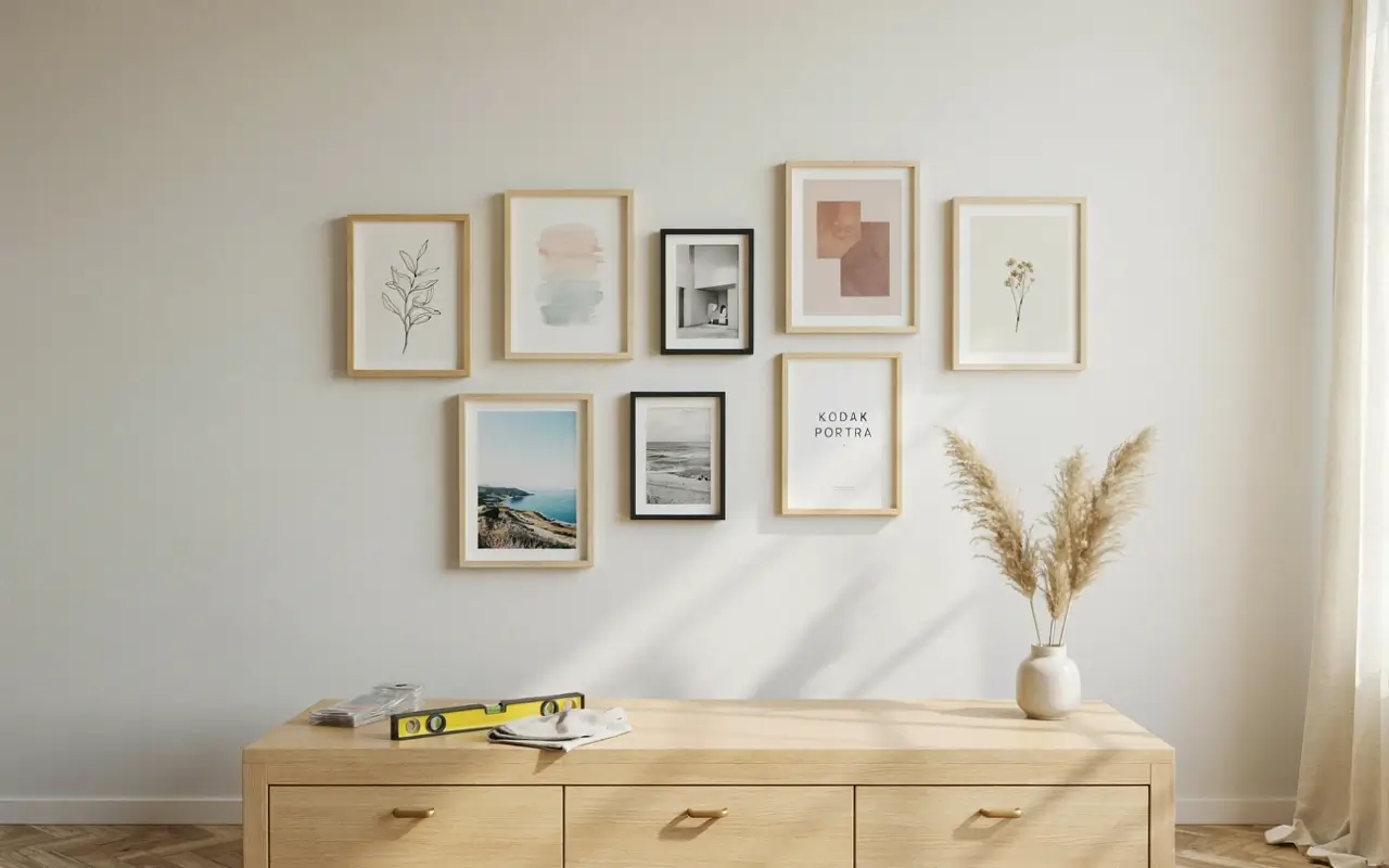 Gallery wall of framed art and photos above a wood console, hung neatly on a neutral rental wall.