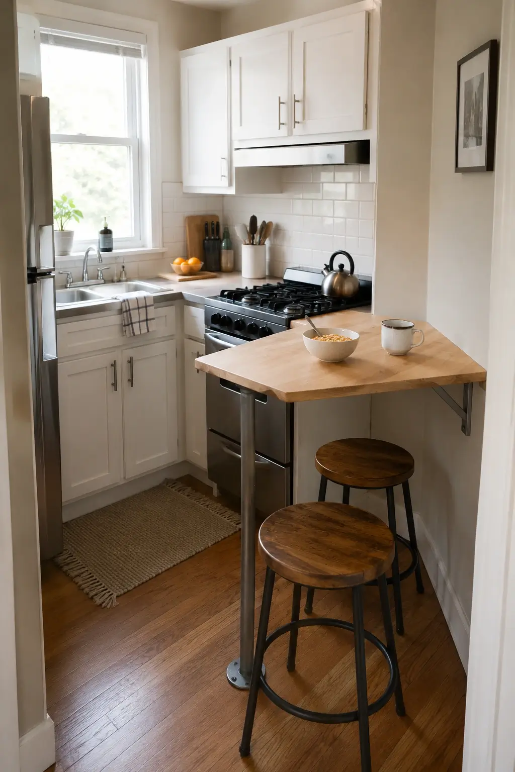 Fold-down counter flap creates a renter-friendly breakfast spot in a small white L-shaped kitchen.