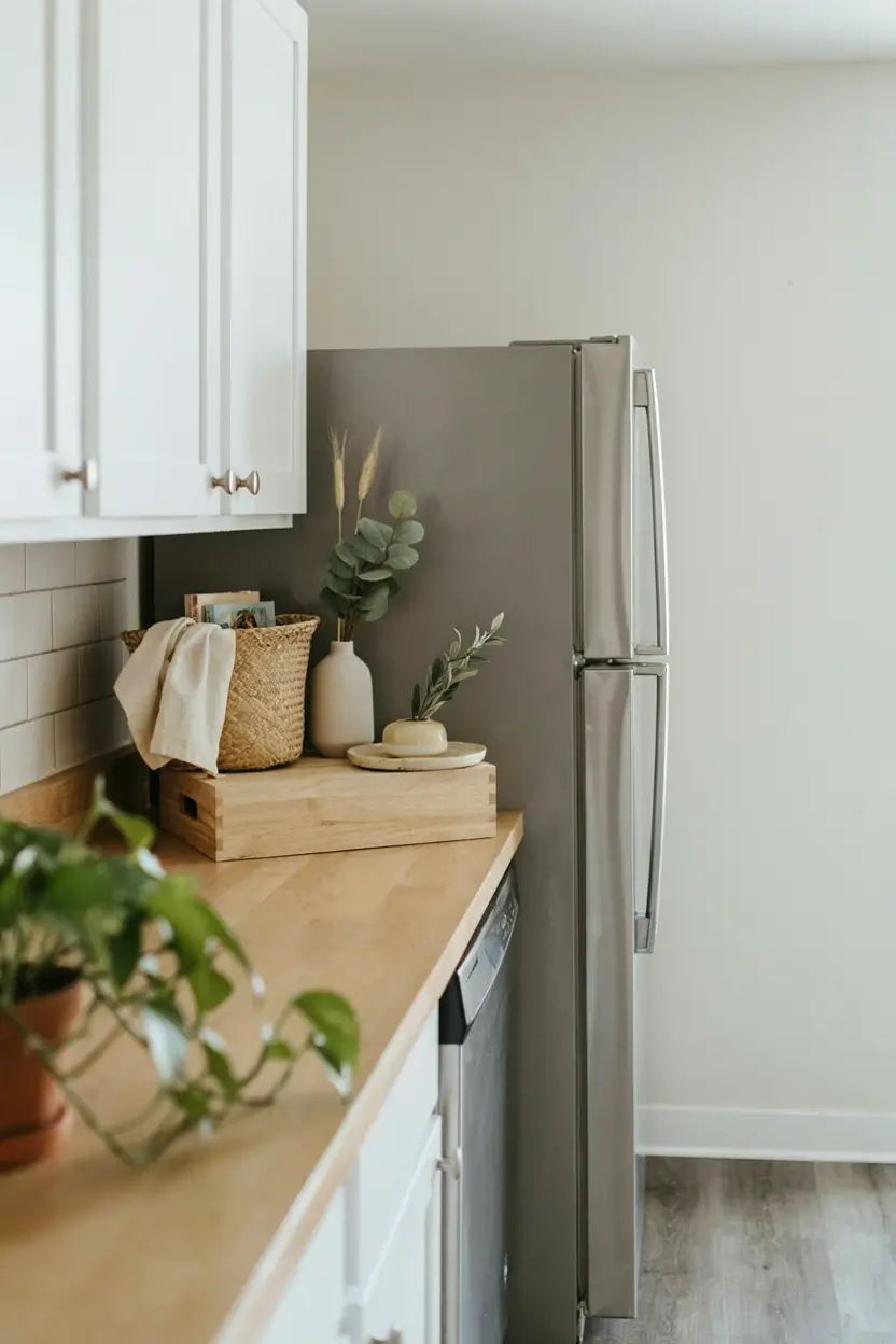 Renter-friendly kitchen with a stainless steel refrigerator, white cabinets, and removable countertop decor.
