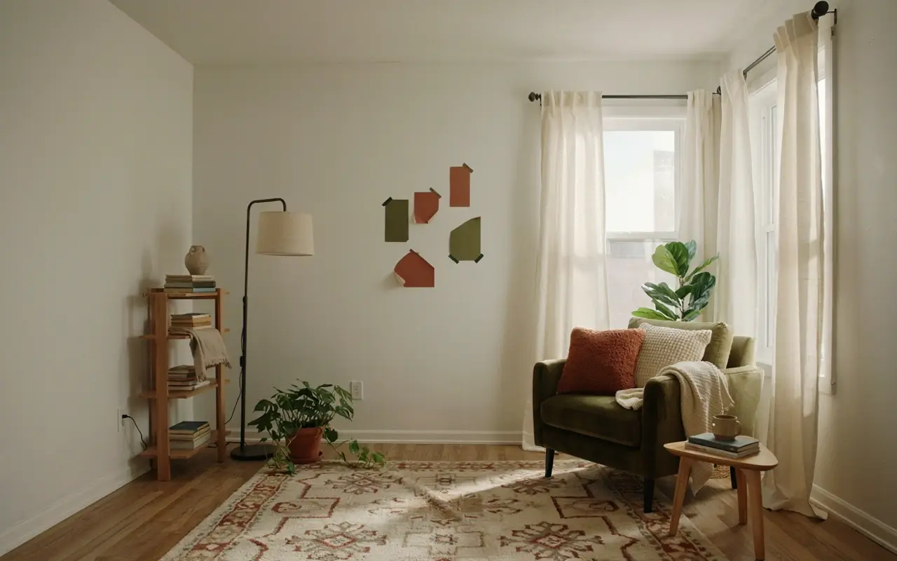 Renter-friendly living room with removable wall art, plants, books, curtains, and a cozy armchair.