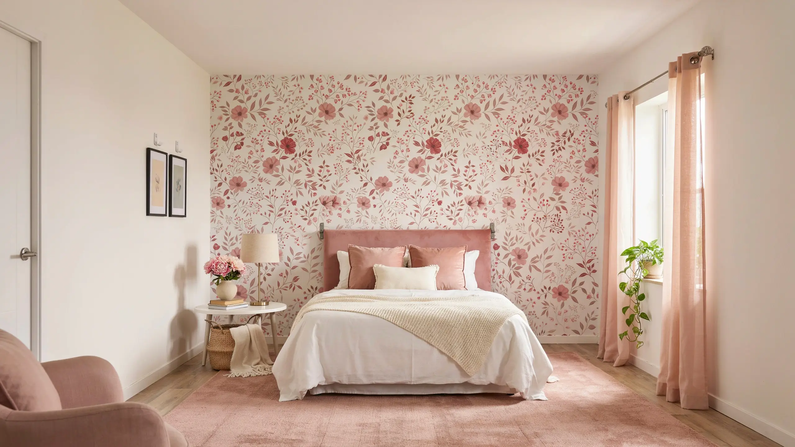 Cozy renter-friendly pink bedroom featuring removable floral wall mural, blush velvet headboard, white bedding, and a cream knitted throw blanket styled without drilling.
