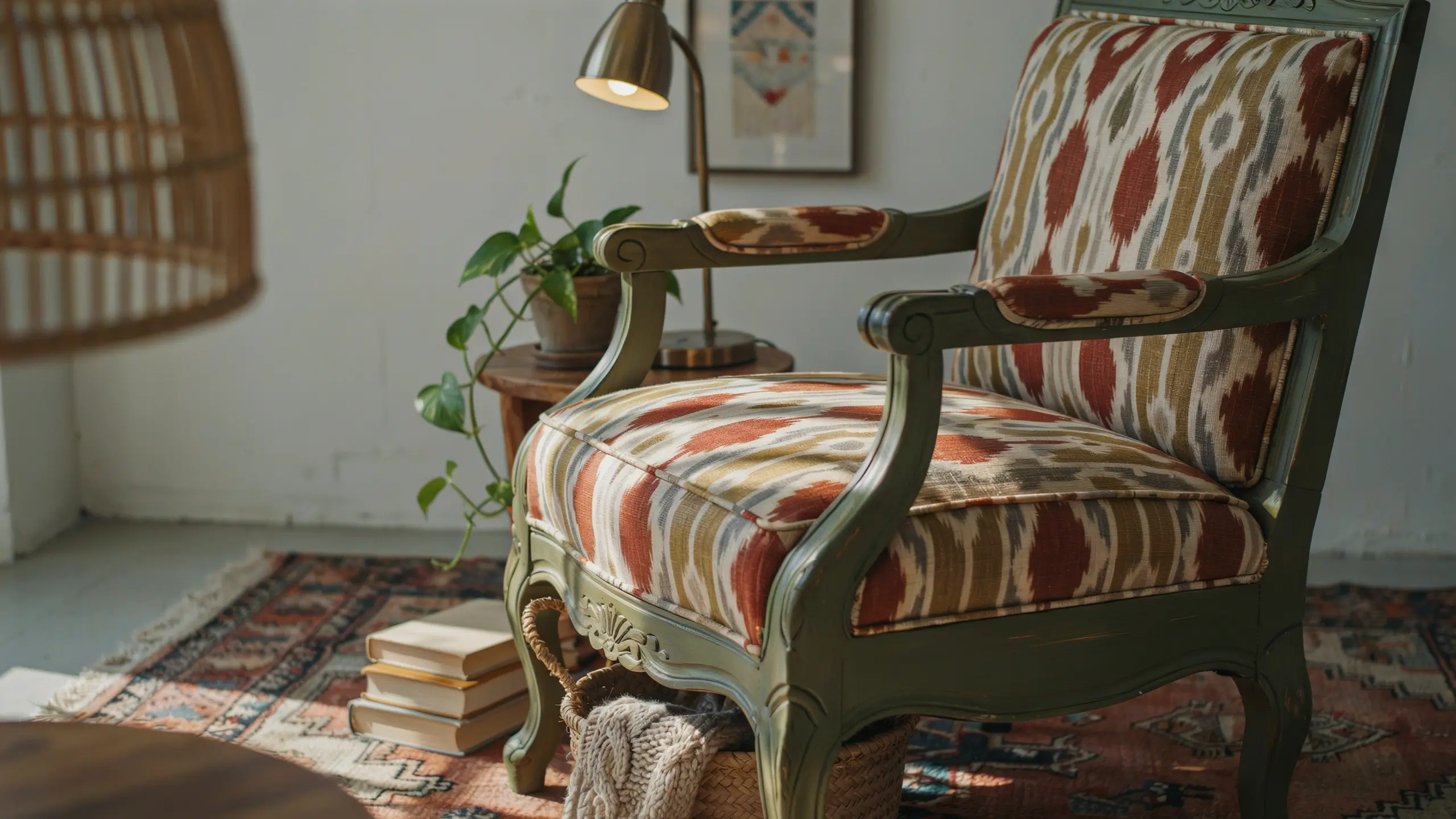Reupholstered vintage armchair with ikat fabric in a cozy boho living room with a plant, patterned rug, and books.