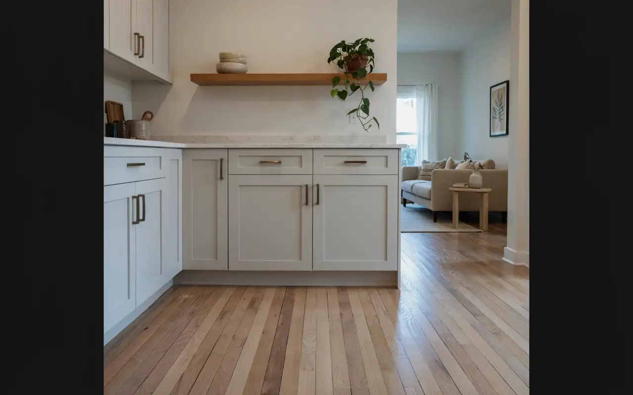 White kitchen end cabinet replaced by a single floating wood shelf with a trailing plant above the counter.