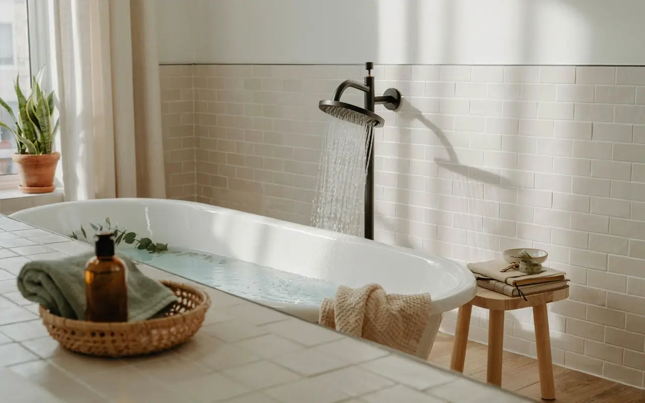 Modern bathtub with black rainfall showerhead over white subway tile, showing an easy showerhead upgrade.