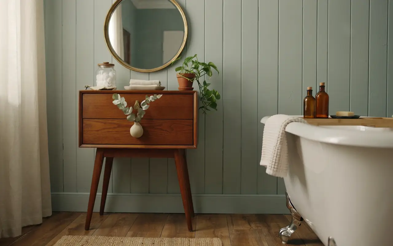 Vintage wood cabinet used as bathroom storage beneath a round mirror beside a clawfoot tub.