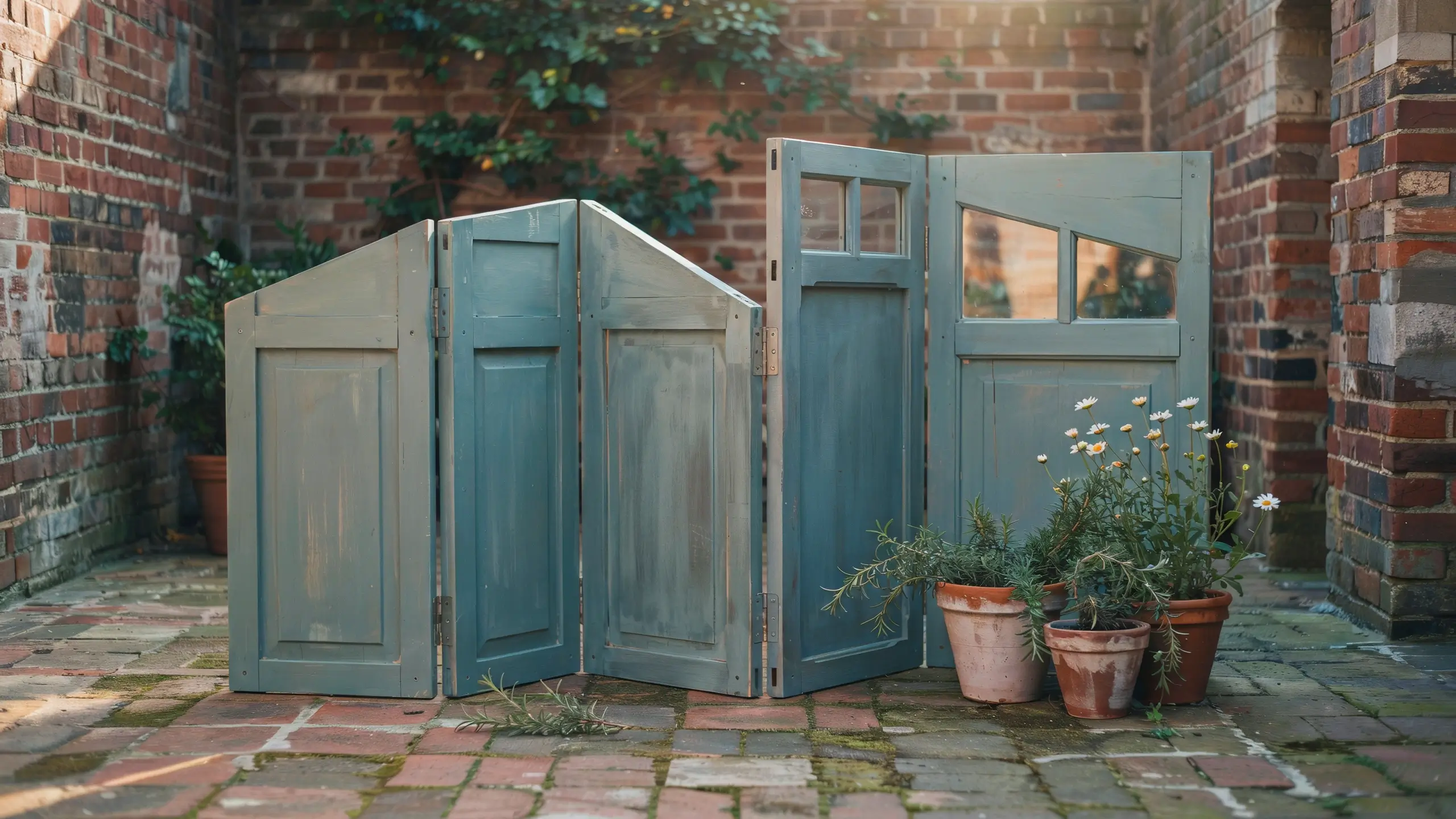 DIY outdoor privacy screen crafted from repurposed old doors, painted in a faded teal, standing on a rustic brick courtyard beside potted white daisies. 