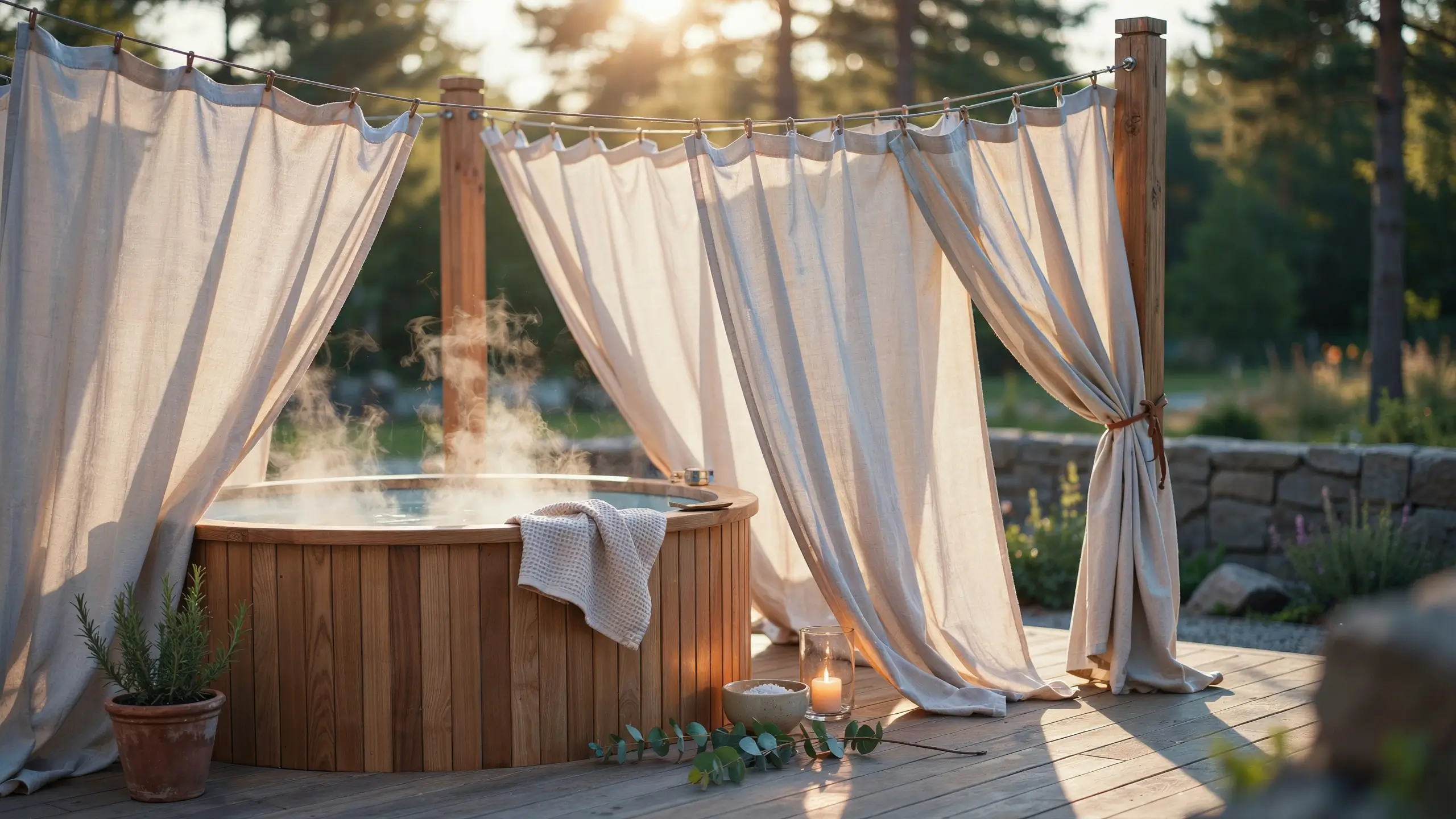 Soft beige outdoor linen curtains draped around a steamy wooden hot tub on a deck, creating a private, resort-style backyard spa experience with ambient candlelight.