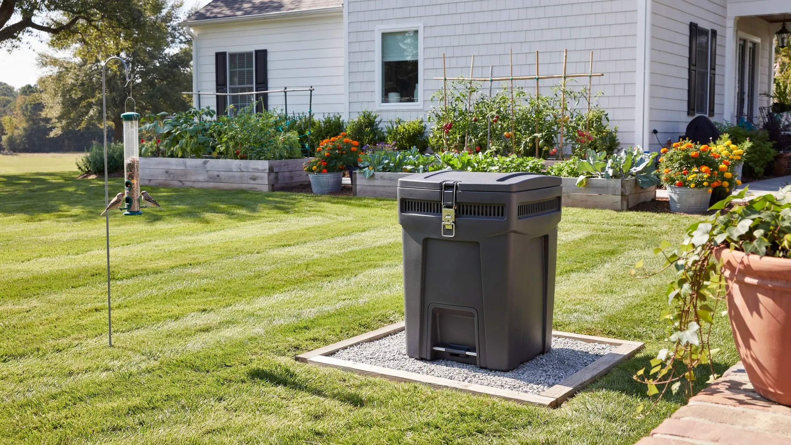 A dark grey composting bin secured on a gravel pad in a lush backyard garden, placed at a safe distance from a hummingbird feeder and raised vegetable beds to illustrate sustainable waste management and wildlife-friendly landscaping