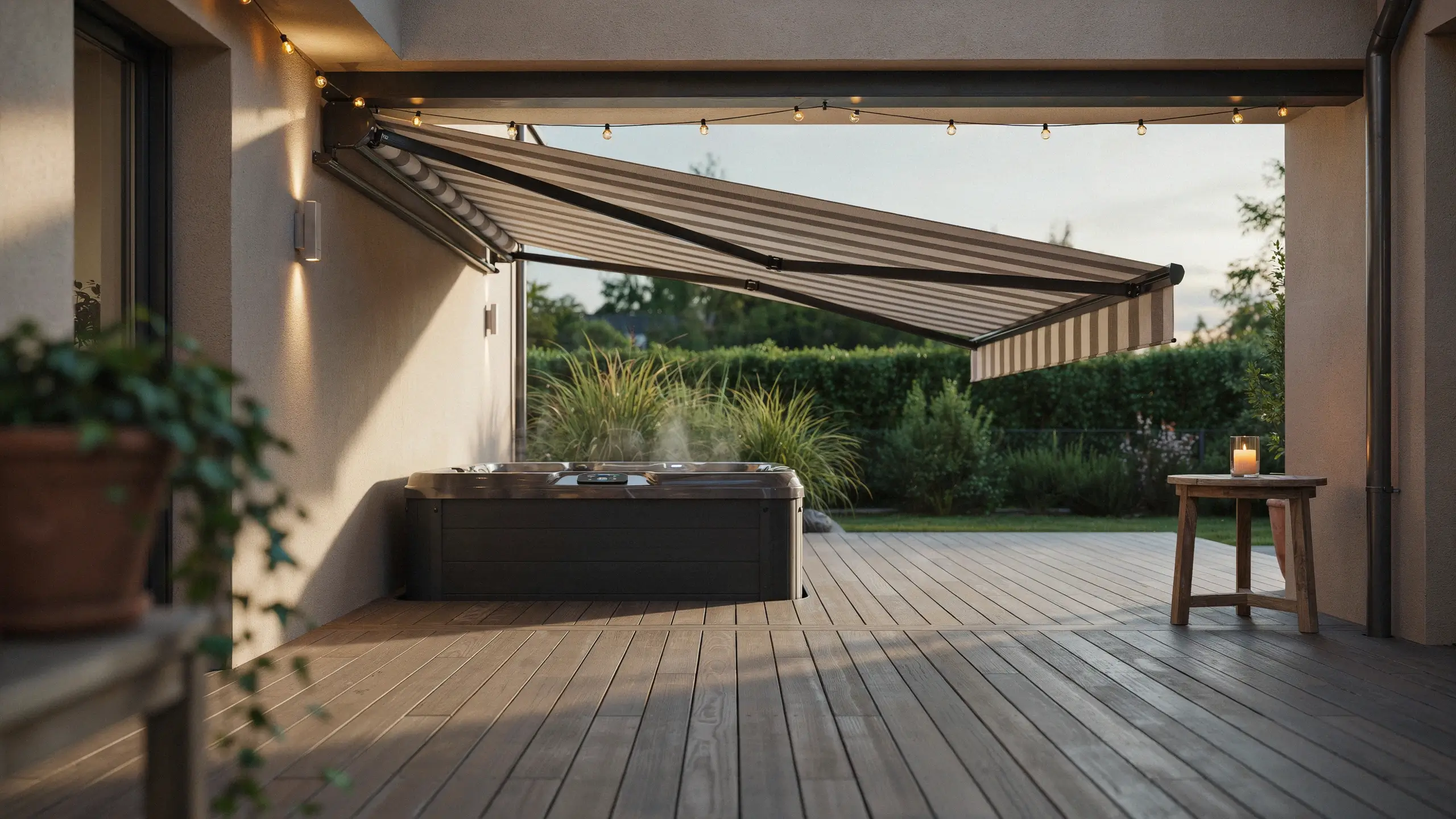 Modern retractable awning providing flexible shade over a wooden patio deck with a steaming hot tub and ambient string lights.