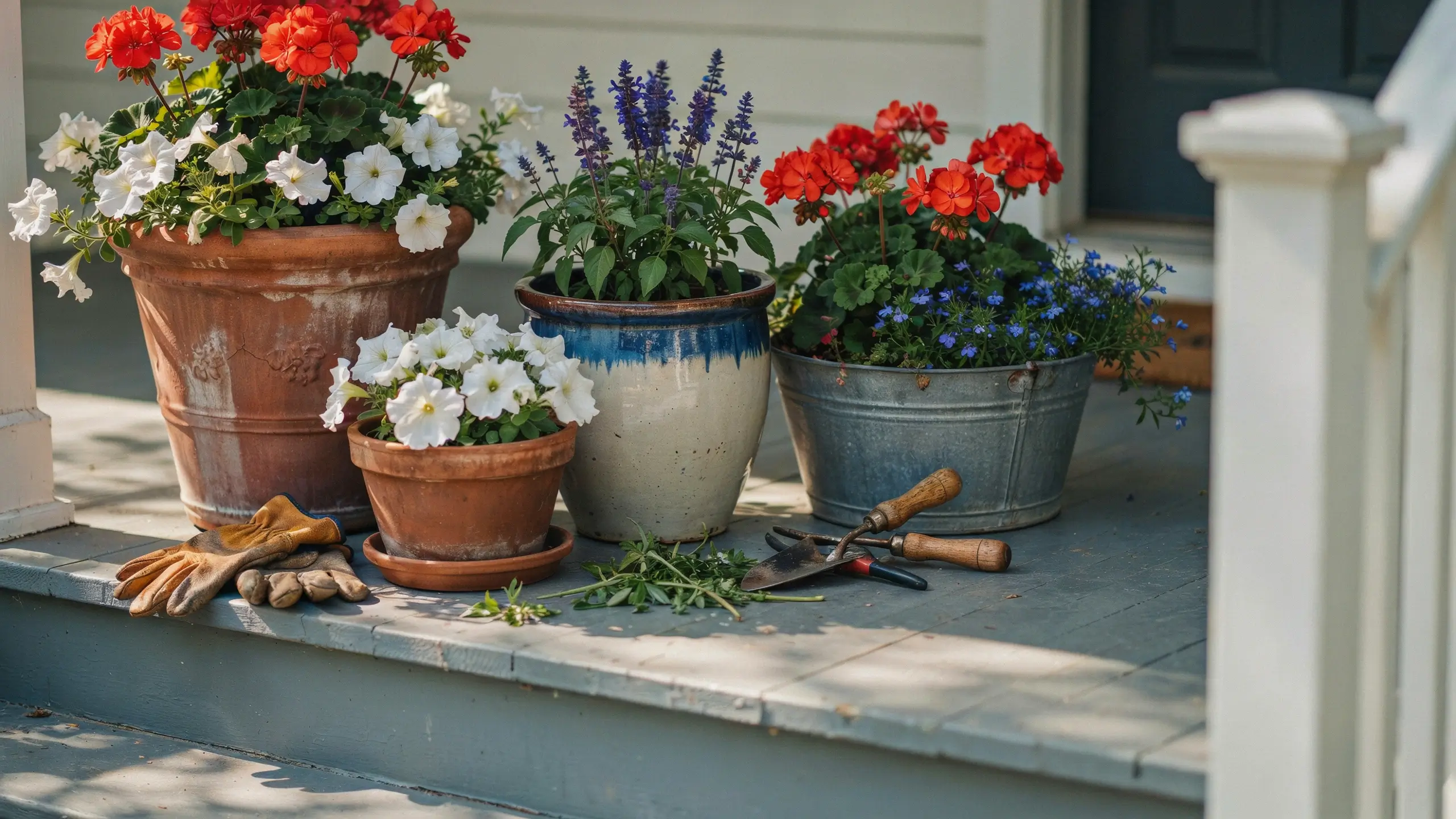 Red, white, and blue flowers arranged in existing porch planters with gardening tools nearby.