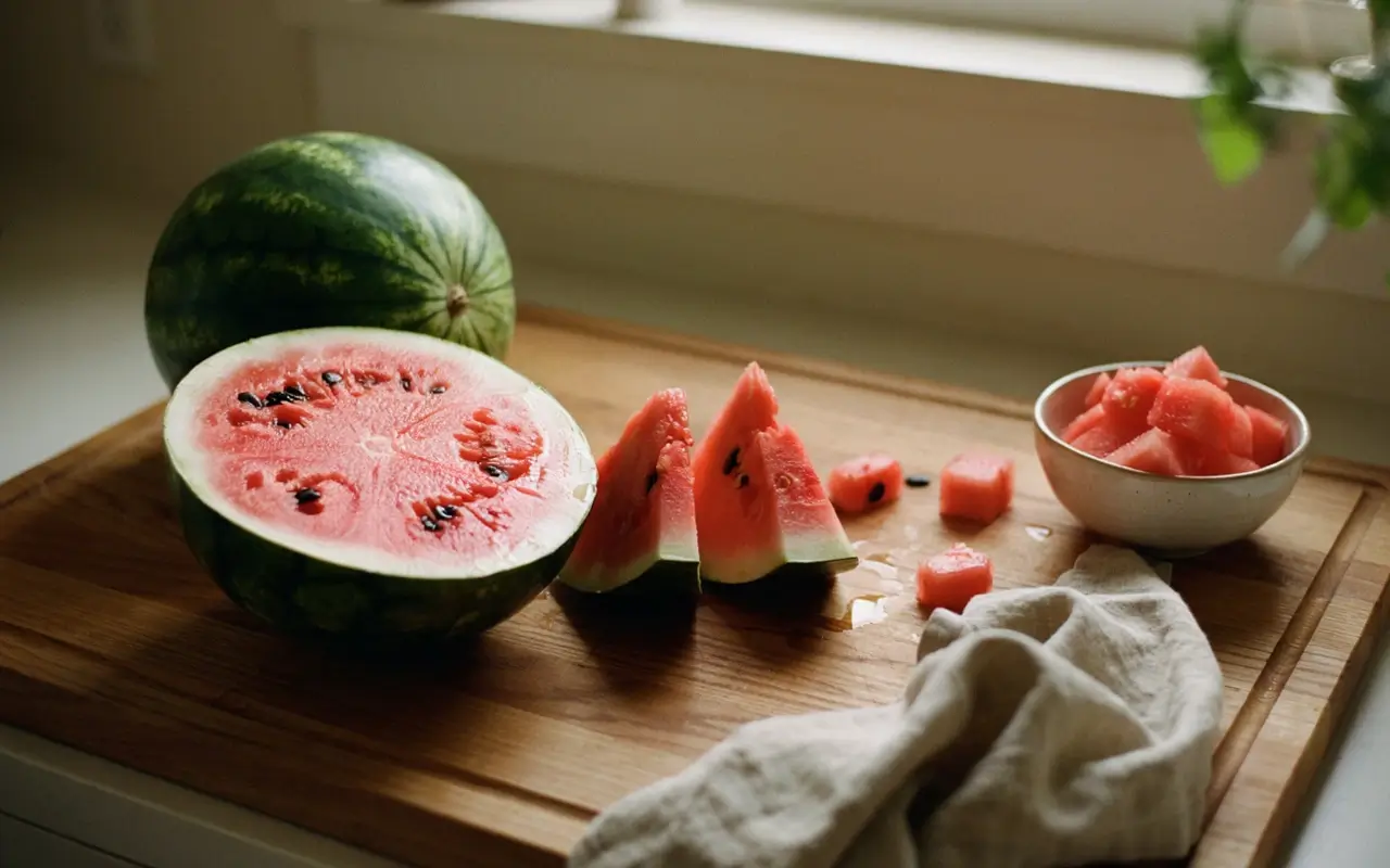 Halved watermelon with slices and cubes on a wooden board, showing ripe red flesh and seeds.