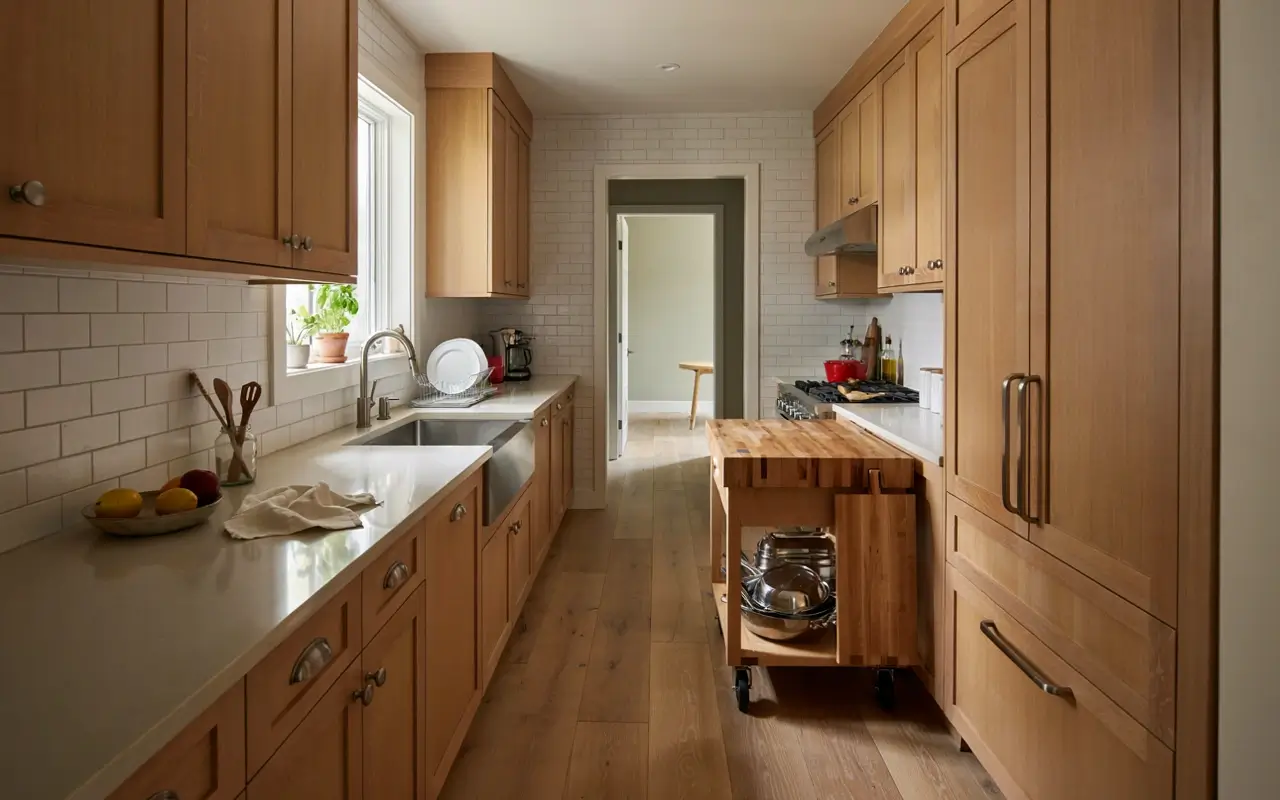 Narrow galley kitchen with wood cabinets and a rolling butcher-block cart used as a compact prep island.