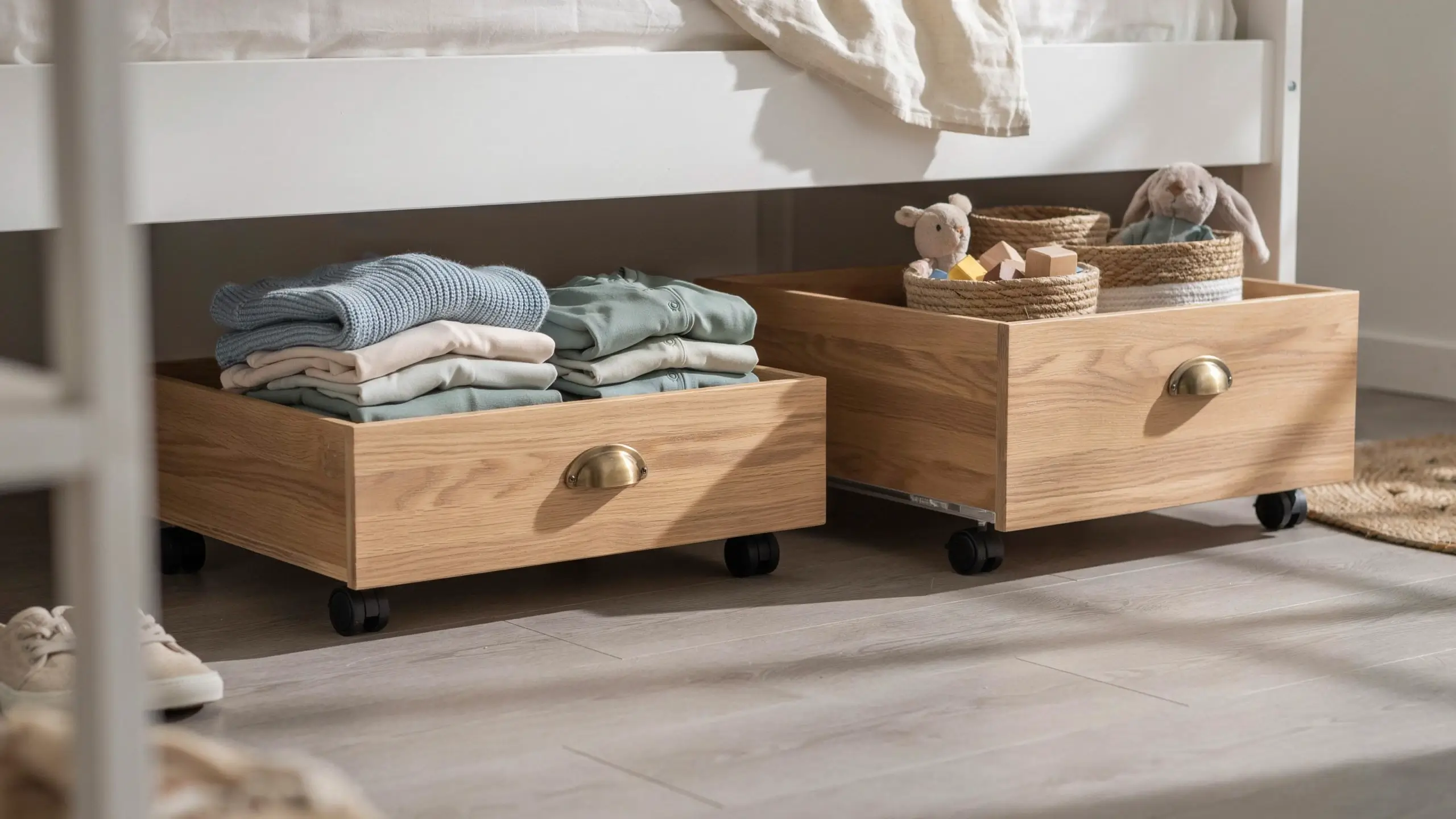 Two rolling light wood underbed storage drawers tucked under a white bed frame, holding folded knitwear, children's clothes, and woven baskets filled with stuffed bunnies and wooden blocks. 