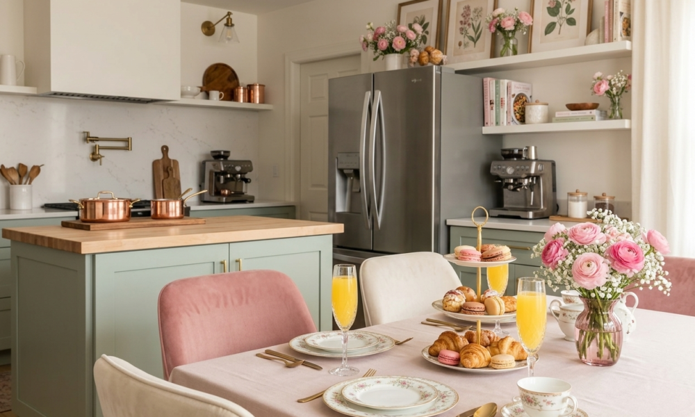Blush pink brunch table in a girly kitchen with sage cabinets, open shelves, flowers, pastries and mimosas