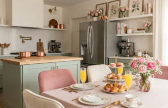 Blush pink brunch table in a girly kitchen with sage cabinets, open shelves, flowers, pastries and mimosas