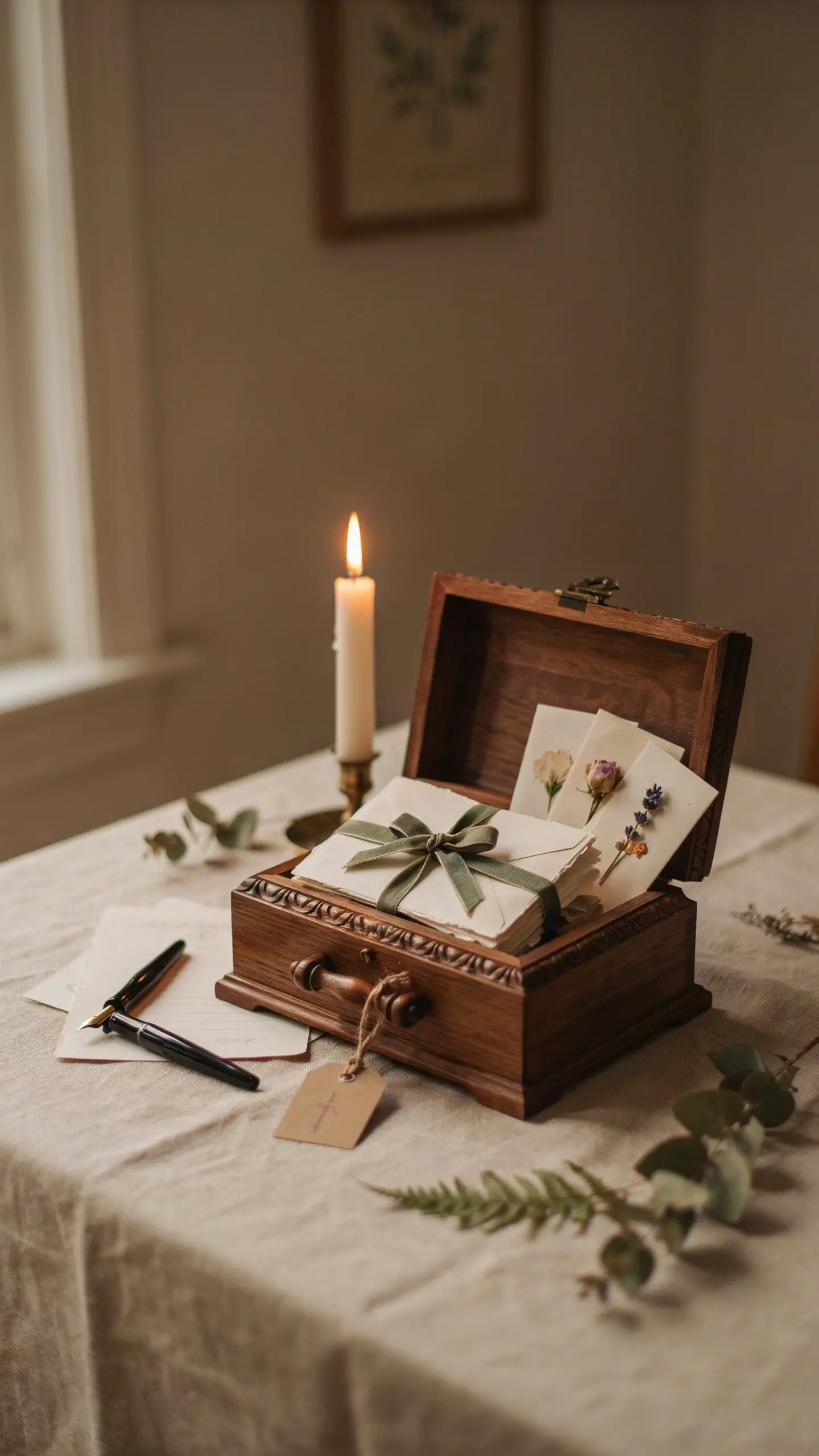 An open rustic wooden chest serving as a time capsule box, filled with a bundle of handmade letters tied with a sage green ribbon and decorated with dried pressed flowers. A black fountain pen, writing paper, a lit white taper candle, and scattered eucalyptus sprigs rest on a beige linen tablecloth. 