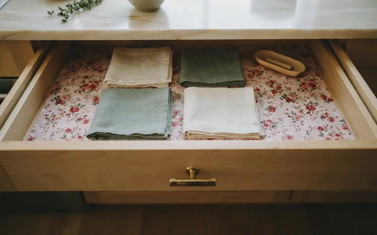 Rose-print drawer liner with folded kitchen linens in a wooden drawer.