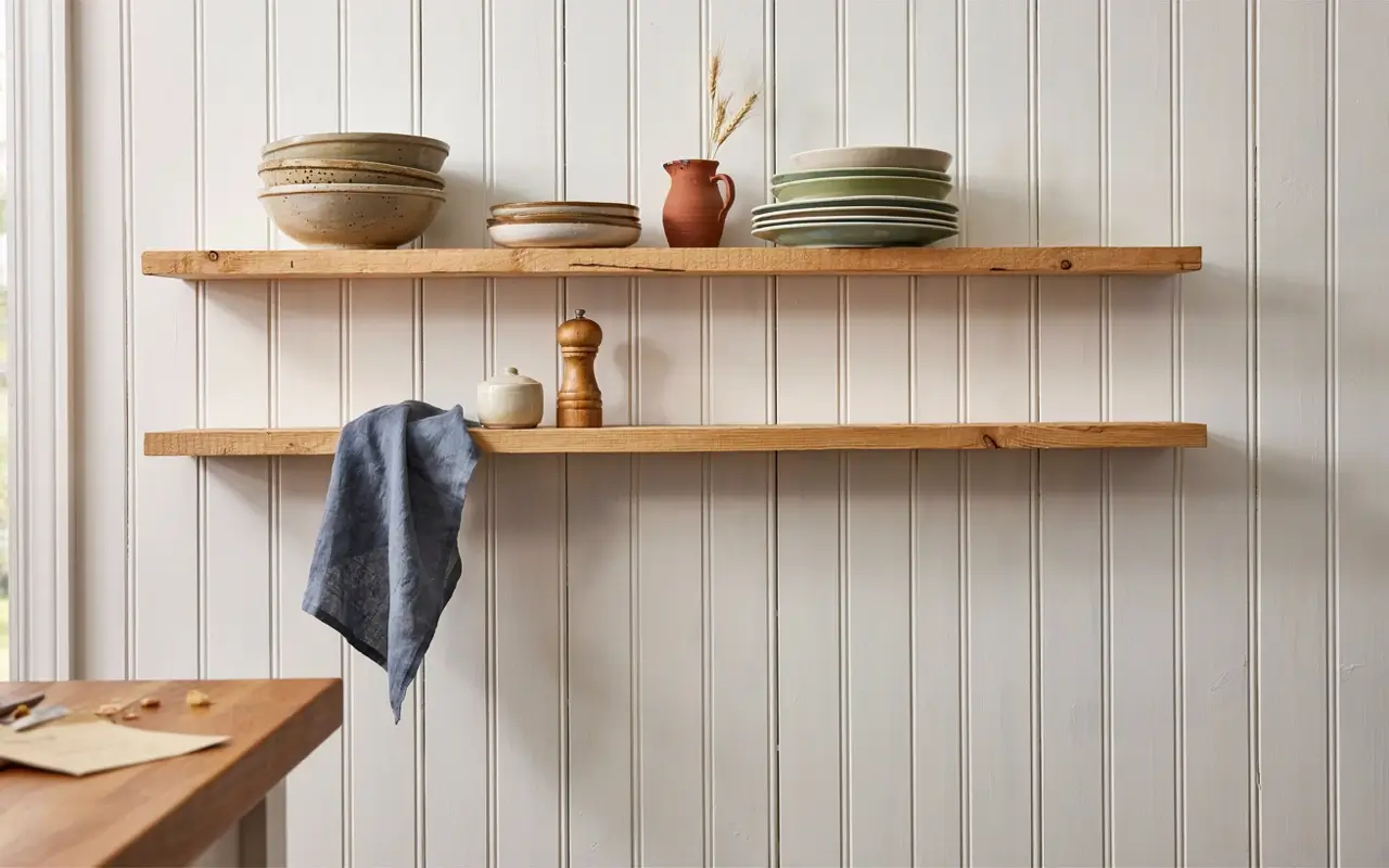 Rough-sawn pine floating shelves on painted beadboard with stacked dishes and farmhouse kitchen decor.
