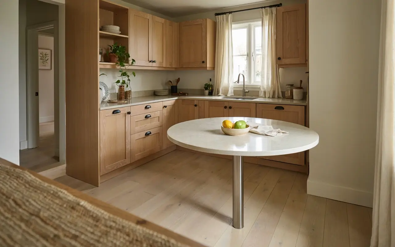 Round white island in a small L-shaped kitchen with light wood cabinets and cream window curtains.