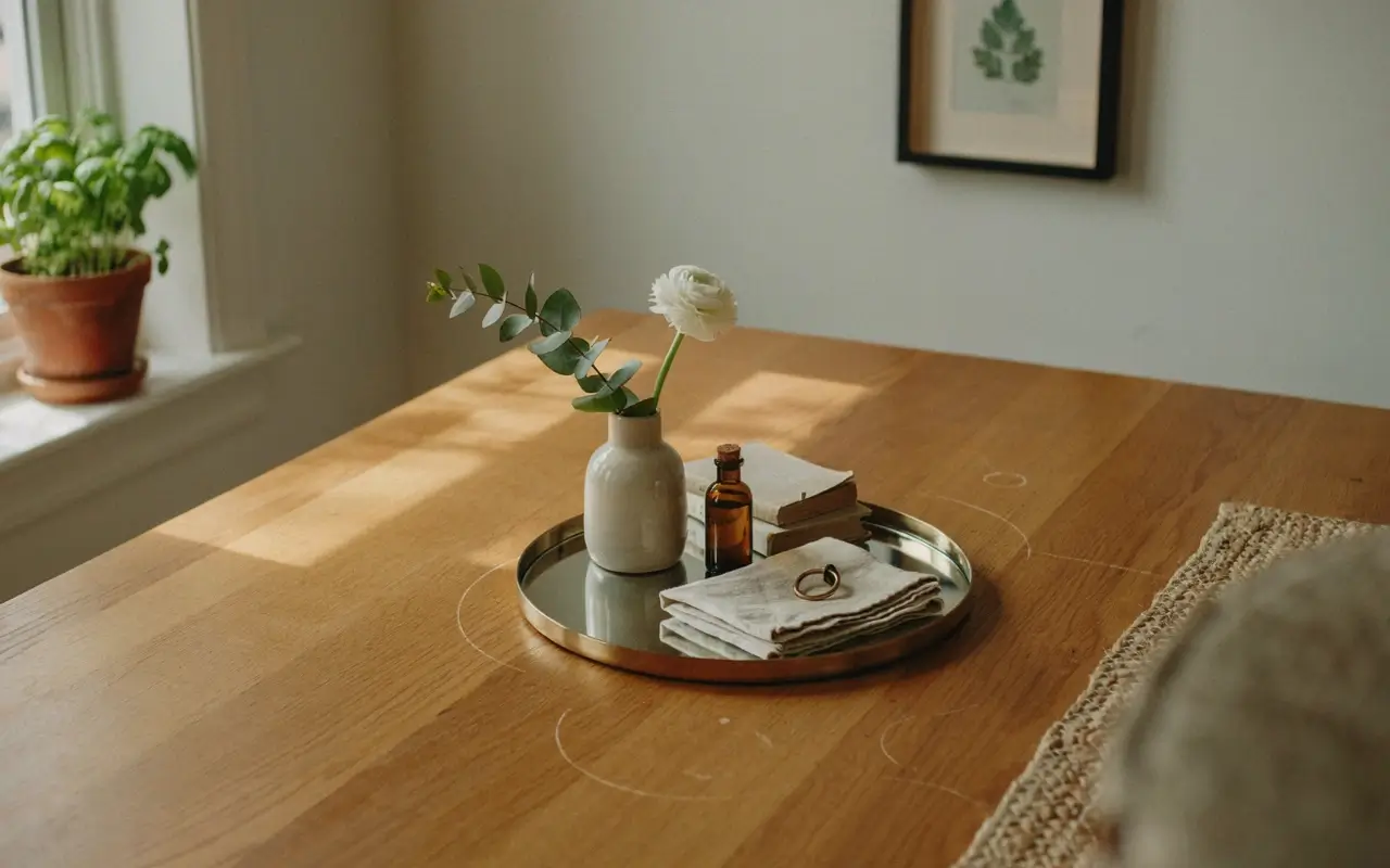 Round mirrored tray with a small vase, linen napkins, and amber bottle on a sunlit wood dining table.
