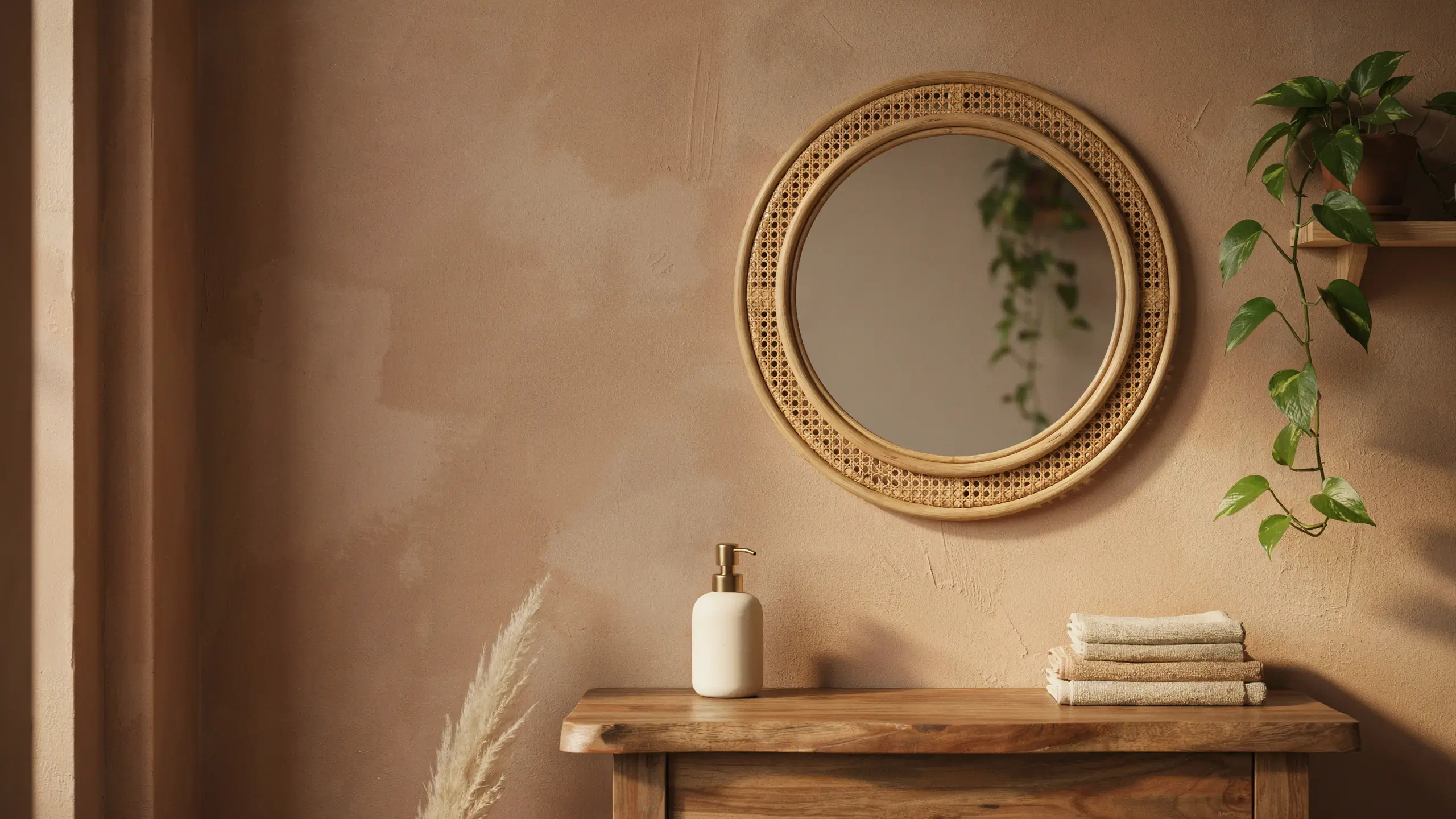 Round natural rattan framed mirror on a warm terracotta wall above a wooden bathroom vanity with white soap dispenser and folded towels.