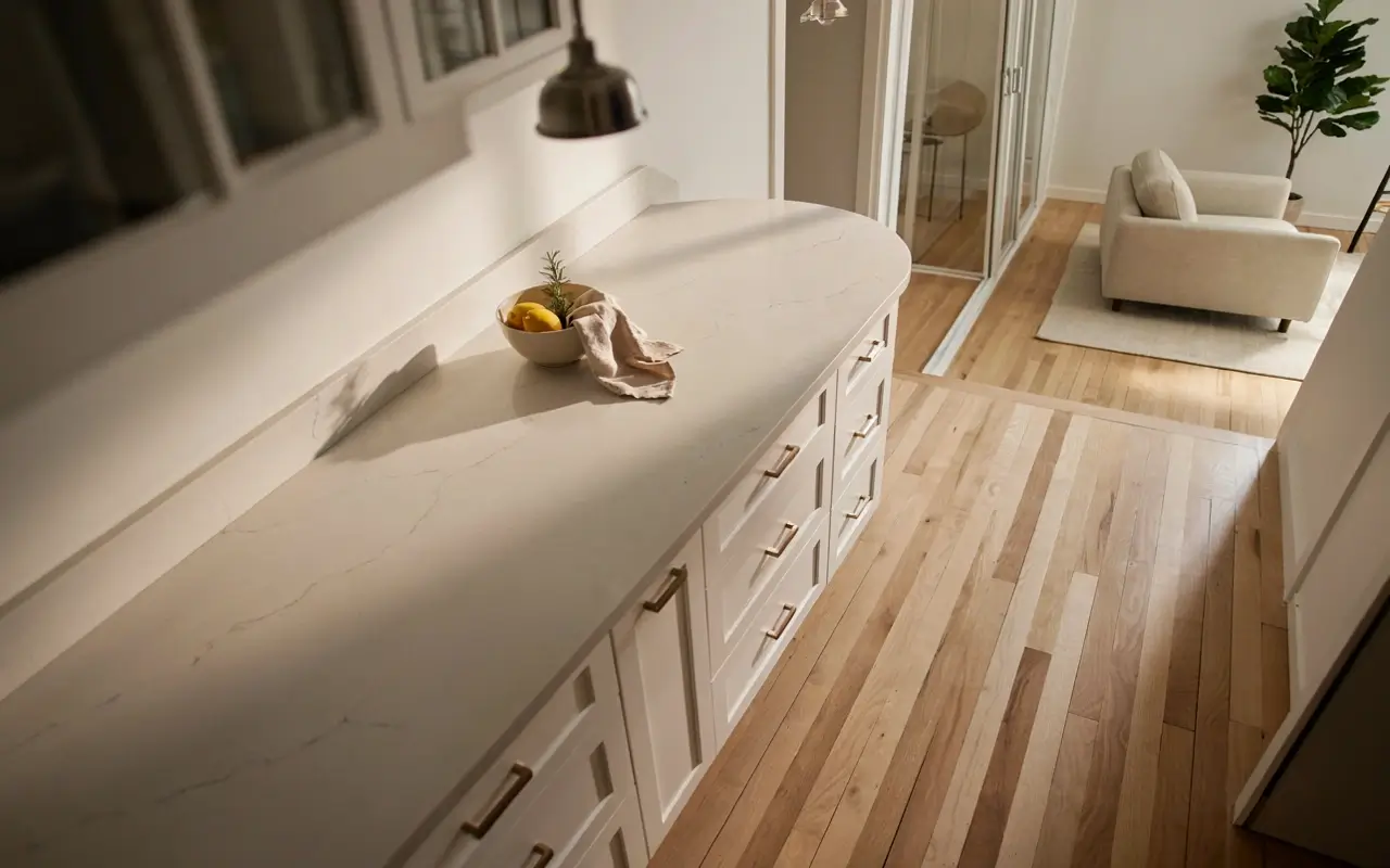 Rounded white kitchen peninsula with marble-look countertop creating a wider walkway to the living area.