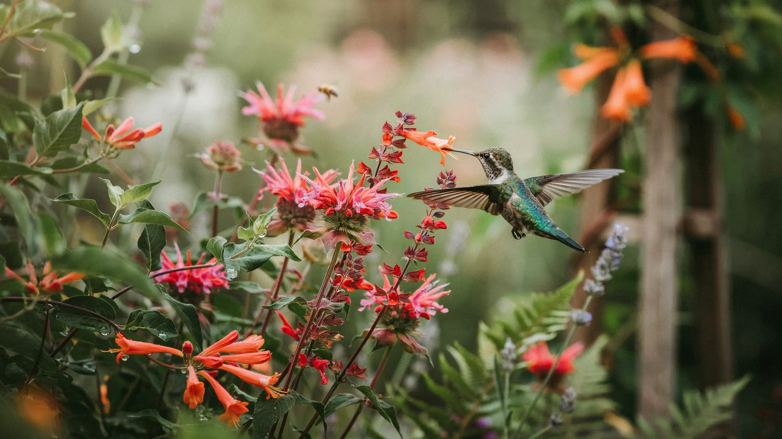 Ruby-throated hummingbird hovering mid-air to drink nectar from red and orange tubular flowers in a damp garden setting.