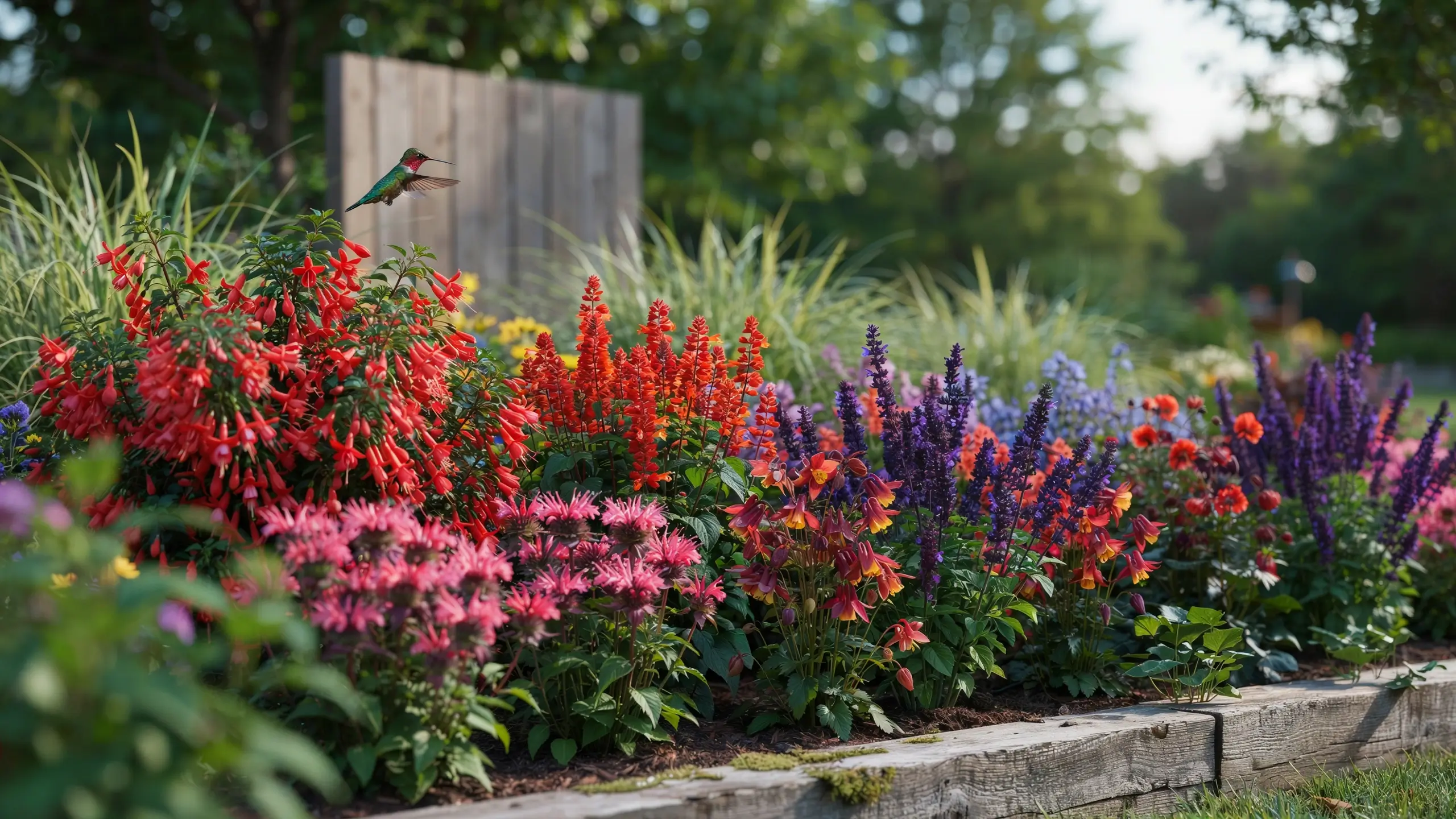 A ruby-throated hummingbird hovering among dense clusters of nectar-rich red trumpet flowers, orange salvia, and pink bee balm in a sunny summer garden.