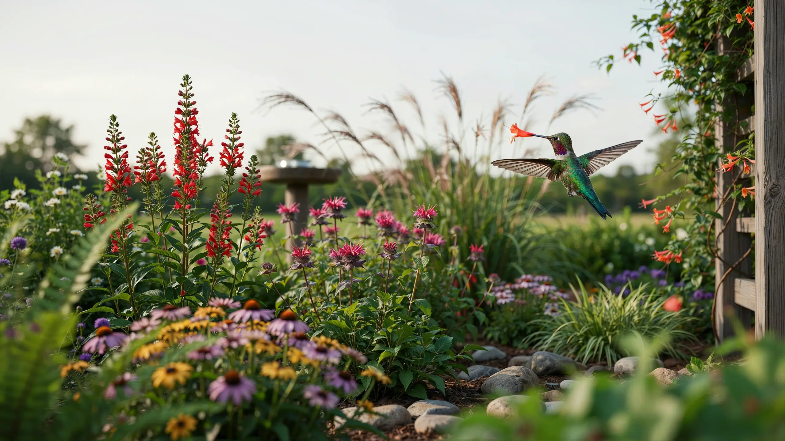 Ruby-throated hummingbird hovering near a native red cardinal flower in a pollinator garden featuring coneflowers, birdbath, and tall ornamental grasses.