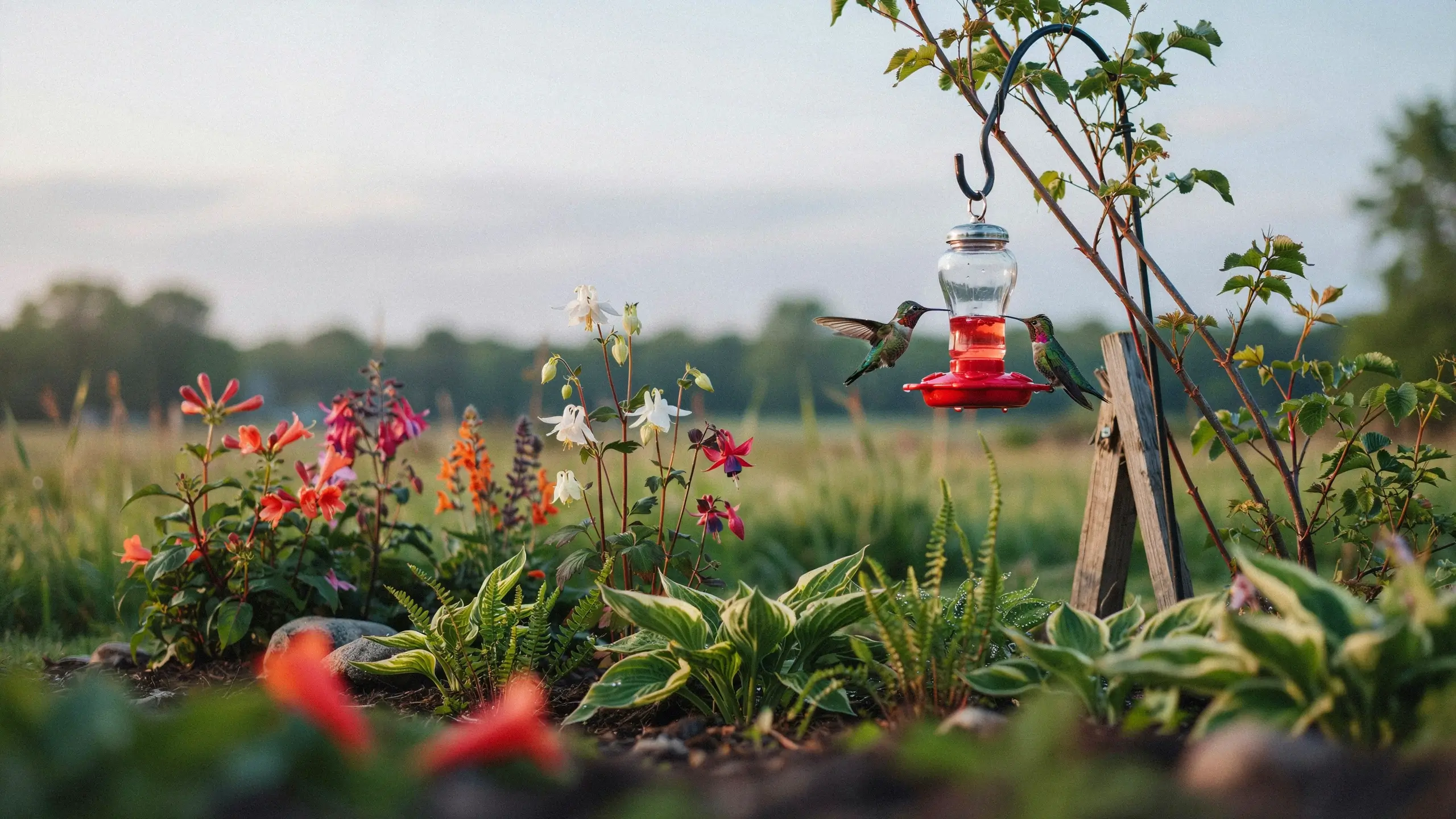Two ruby-throated hummingbirds hovering at a red garden nectar feeder surrounded by blooming hostas and flowers, illustrating a successful migratory stopover setup.