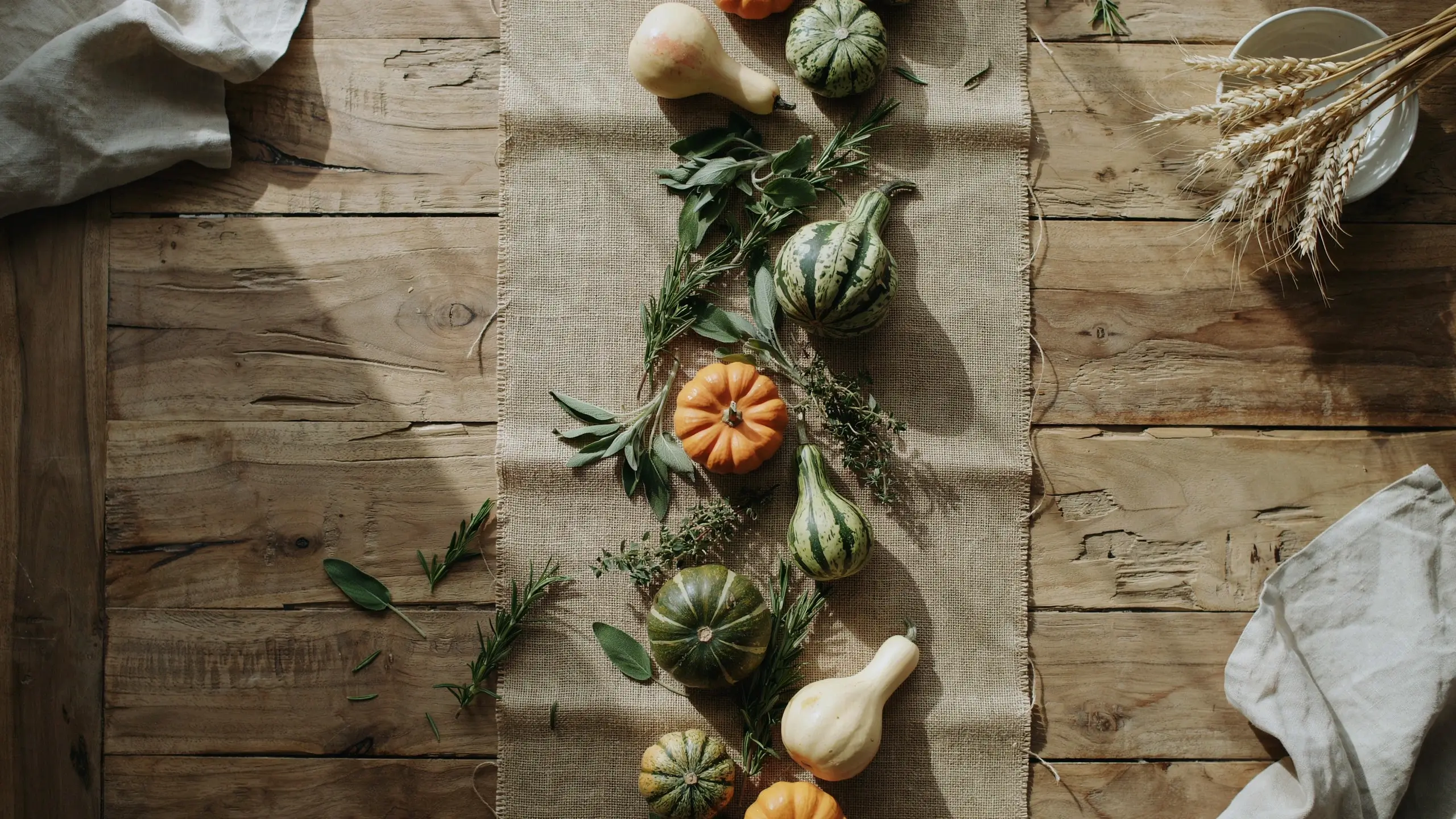 A rustic wooden tabletop featuring a burlap runner adorned with assorted autumn gourds, pumpkins, and fresh sage and rosemary herbs, illuminated by soft natural sunlight.