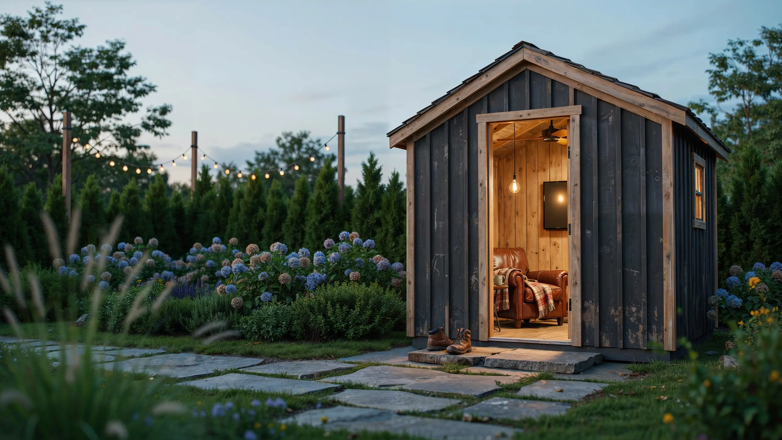 A dark vertical-board backyard shed converted into a cozy man cave, featuring an open rustic door, a brown leather armchair with a plaid throw, a wall-mounted TV, and warm pendant lighting at twilight. The stone pathway leading to the entrance is surrounded by blooming blue hydrangeas, with a pair of leather work boots resting on the step.