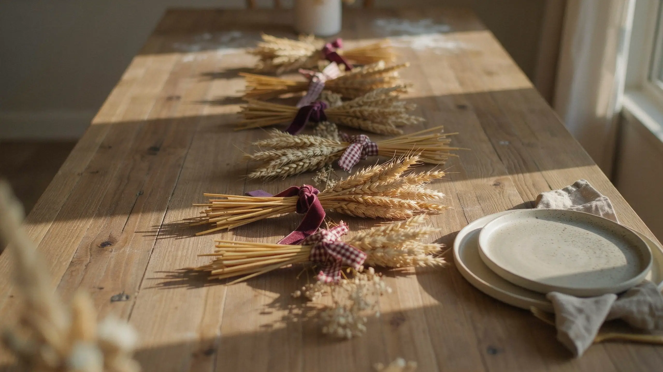 Dried golden wheat stalks tied into bundles with burgundy velvet and gingham ribbons, styled on a rustic wooden tabletop next to stacked ceramic plates and a linen napkin under soft window light.