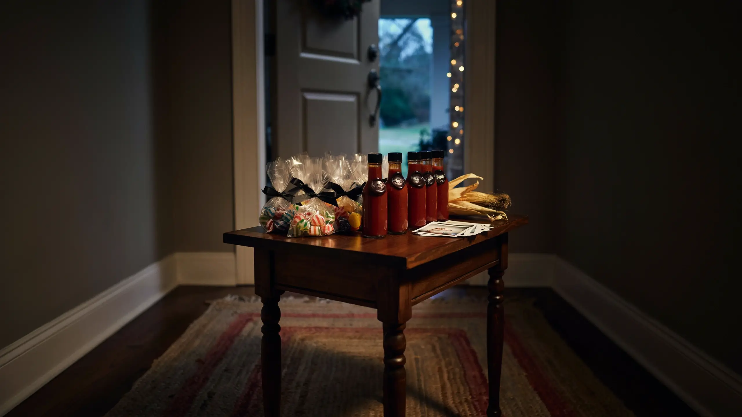 Rustic wooden entryway table featuring a row of red bottled beverages with black caps as party favors, accompanied by cellophane-wrapped sweet treats tied with black ribbons, dried corn cobs, and small white favor cards, set against a dimly lit glass front door decorated with warm outdoor fairy lights.