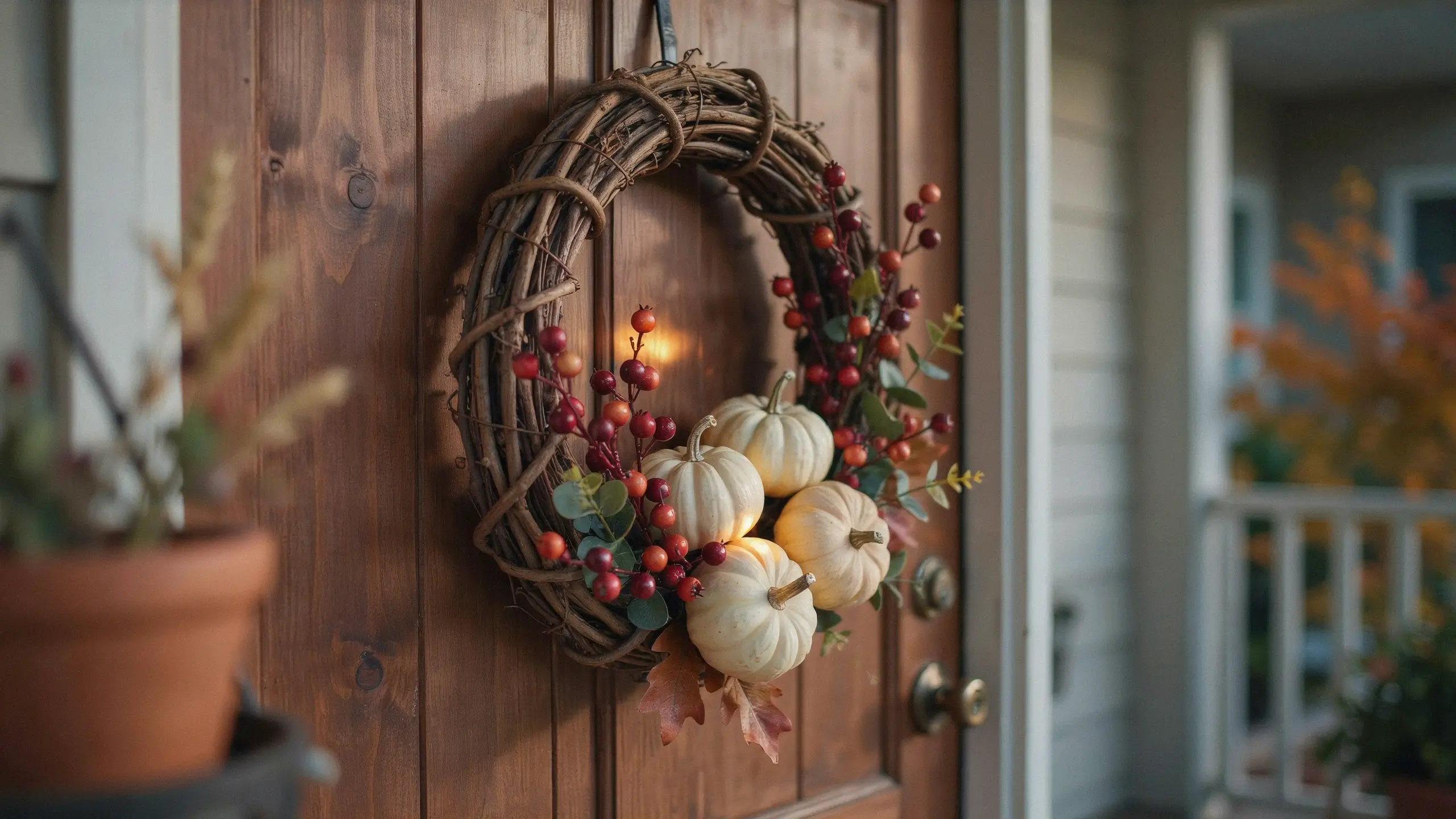 Rustic grapevine wreath with white baby boo pumpkins and red winterberries hanging on a brown wood panel front door for fall porch decor.