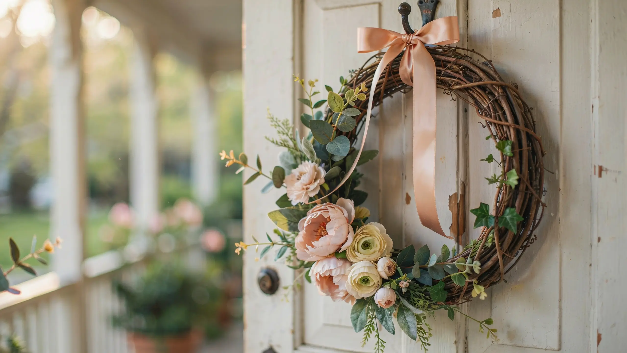 Rustic grapevine wreath with layered eucalyptus and ivy greenery, featuring soft peach peonies and cream ranunculus, hanging on a white painted farmhouse door with a satin peach ribbon. 