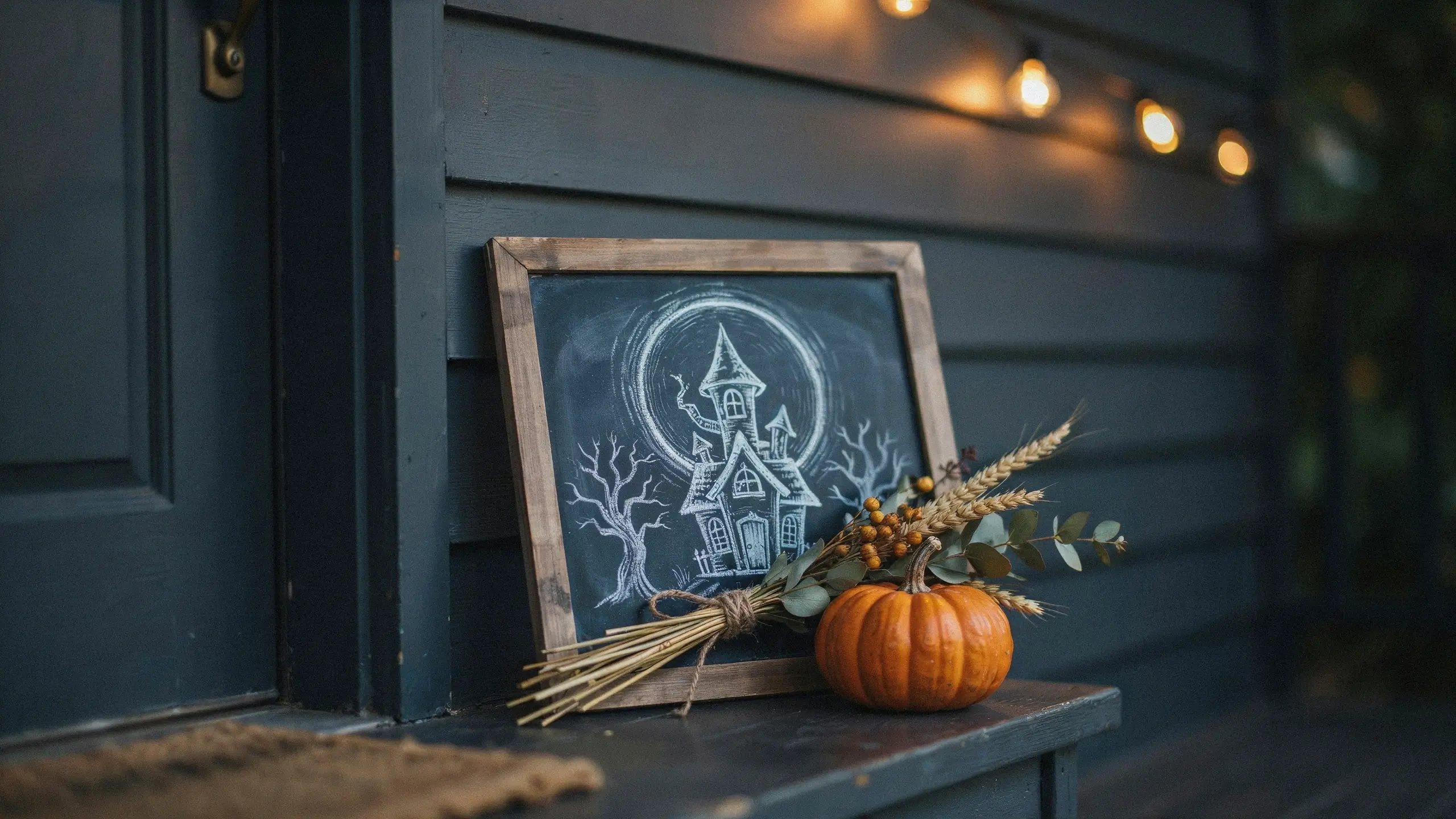 Hand-drawn haunted house chalkboard sign with a small pumpkin and autumn wheat bundle resting against a dark blue wood porch wall. 